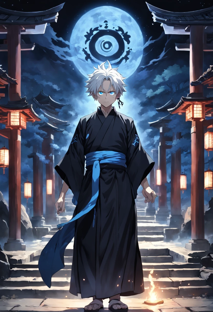 Prompt: (masterpiece, illustration, anime:1.3), Satoru Gojo from Jujutsu Kaisen, (classic black attire:1.2), standing inside a temple at night, (messy white hair:1.1), (blue eyes emitting blue light:1.2), (calm expression:1.1), (uncovered eyes:1.1), (powerful presence:1.2), (mystical atmosphere:1.2), (subtle moonlight:1.1), (intricate temple architecture:1.2), (ominous shadows:1.1), (flowing robes:1.1), (detailed folds and creases:1.1), (intense blue aura:1.2), (symbols of power surrounding him:1.1), (magical energy radiating:1.2), (spellcasting gestures:1.1), (mysterious artifacts:1.1), (ethereal particles:1.1), (dynamic pose:1.2), (epic soundtrack:1.2), (sense of awe:1.1), (magical prowess:1.1).
This prompt depicts an anime illustration featuring Satoru Gojo from Jujutsu Kaisen. Gojo is shown wearing his classic black attire inside a temple at night. His white hair is messy, and his blue eyes emit a radiant blue light. The illustration captures Gojo's calm expression, powerful presence, and the mystical atmosphere of the scene. The temple's intricate architecture, subtle moonlight, and ominous shadows add to the overall ambiance. The prompt emphasizes Gojo's intense blue aura, spellcasting gestures, and the sense of awe surrounding his magical prowess. The artwork aims to showcase the captivating nature of Satoru Gojo as a radiant sorcerer.