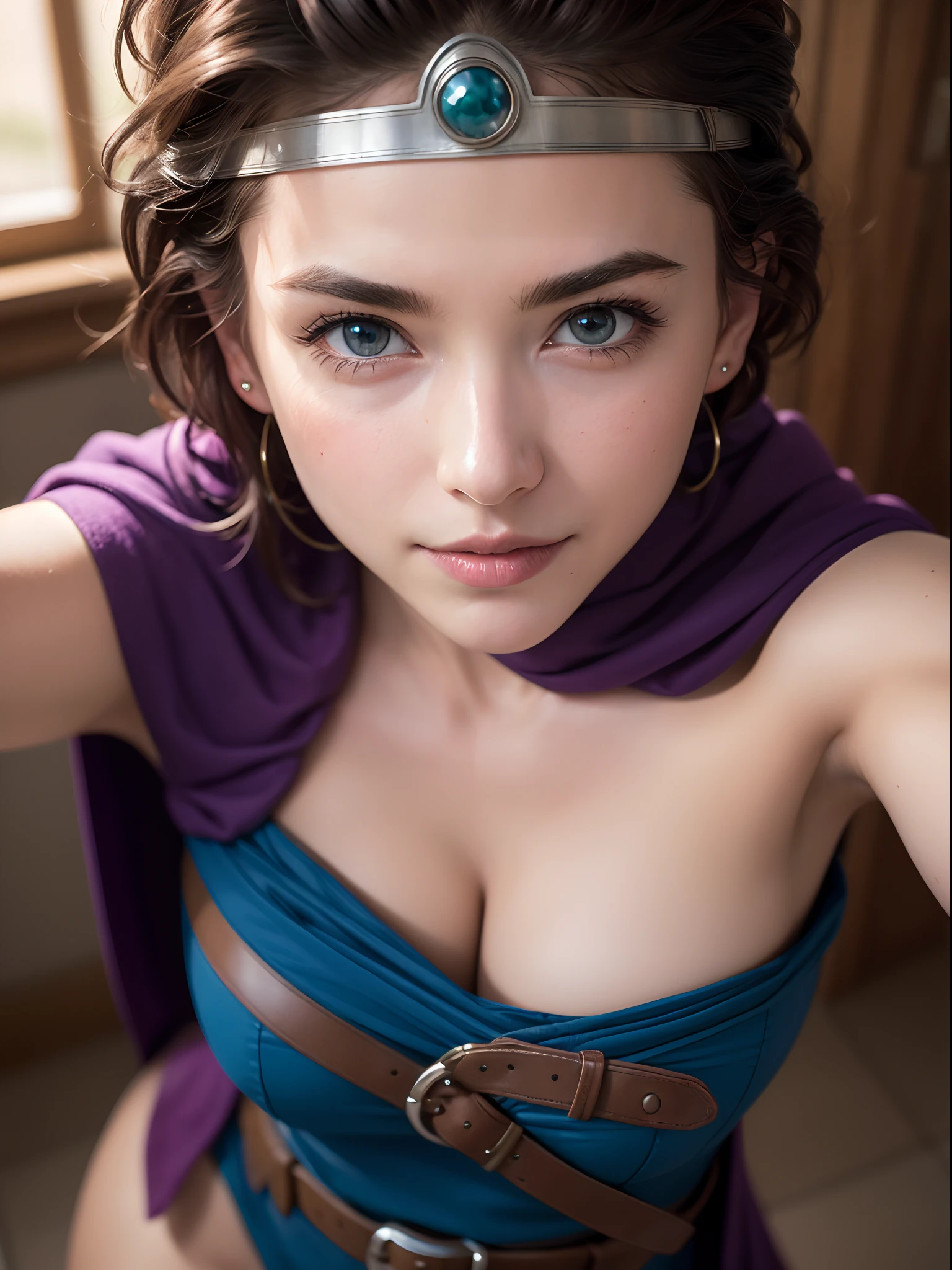 ((Masterpiece:1.4)), (high resolution:1.4), (close up:1.5), 1girl:1.5, solo, (full body), roto (dq3), 1girl, solo, short hair, brown hair, blue eyes, circlet, large breasts, cleavage, strapless, blue dress, purple cape, thighhighs, elbow gloves, boots, belt, scabbard, knee boots, beautifull smile, beautiful face, highly detailed face, higly detailed eyes, highly detailed skin, skin pores, realistic pupils, full face blush, full lips, (perfect anatomy:1.1), (perfect proportions:1.1), (photography:1.1), (photorealistic:1.1), volumetric lighting, dynamic lighting, real shadows, (highres:1.1), sharp focus, daylight, (realistic, hyperrealistic:1.4), intricate, high detail, dramatic, subsurface scattering, big depth of field, vivid, polished, sharpened, ((full Sharp)), (extremely absurdres),16k hdr,