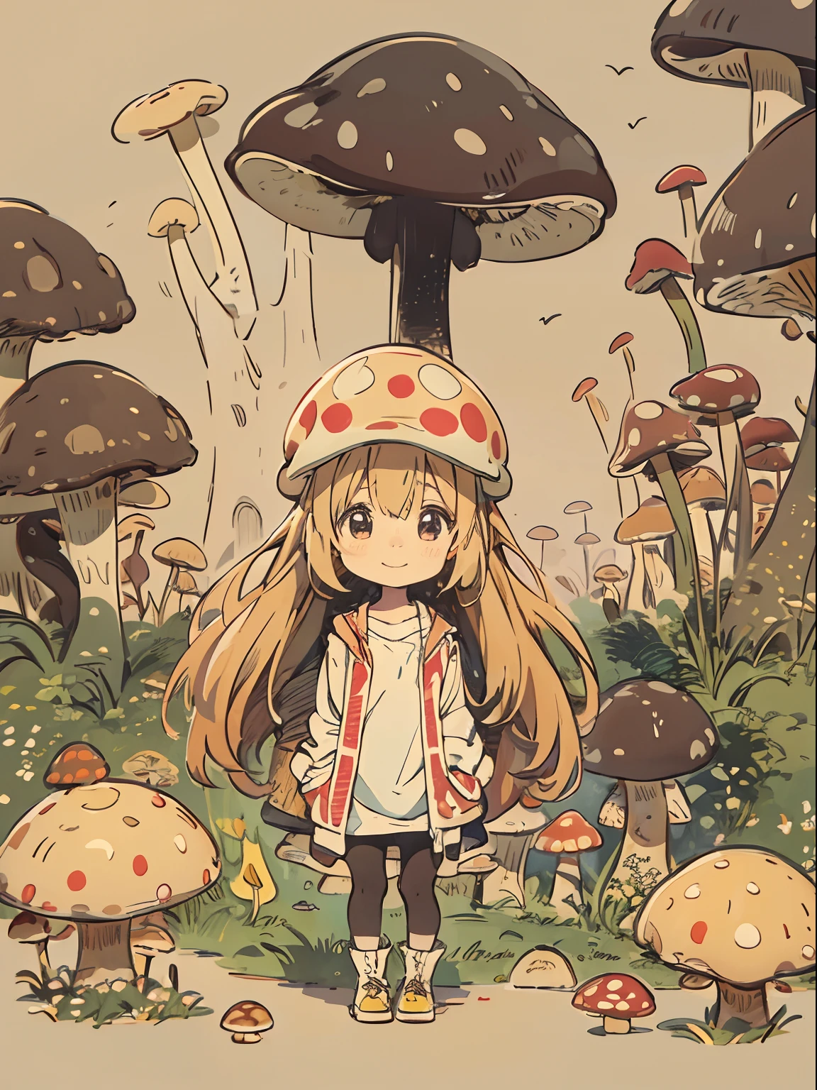 mushroom and girl, chibi, cute, big smile, dark room,  mushrooms, mushrooms + mushrooms + mushrooms + mushrooms + mushrooms, mushroom on head, simple drawing,