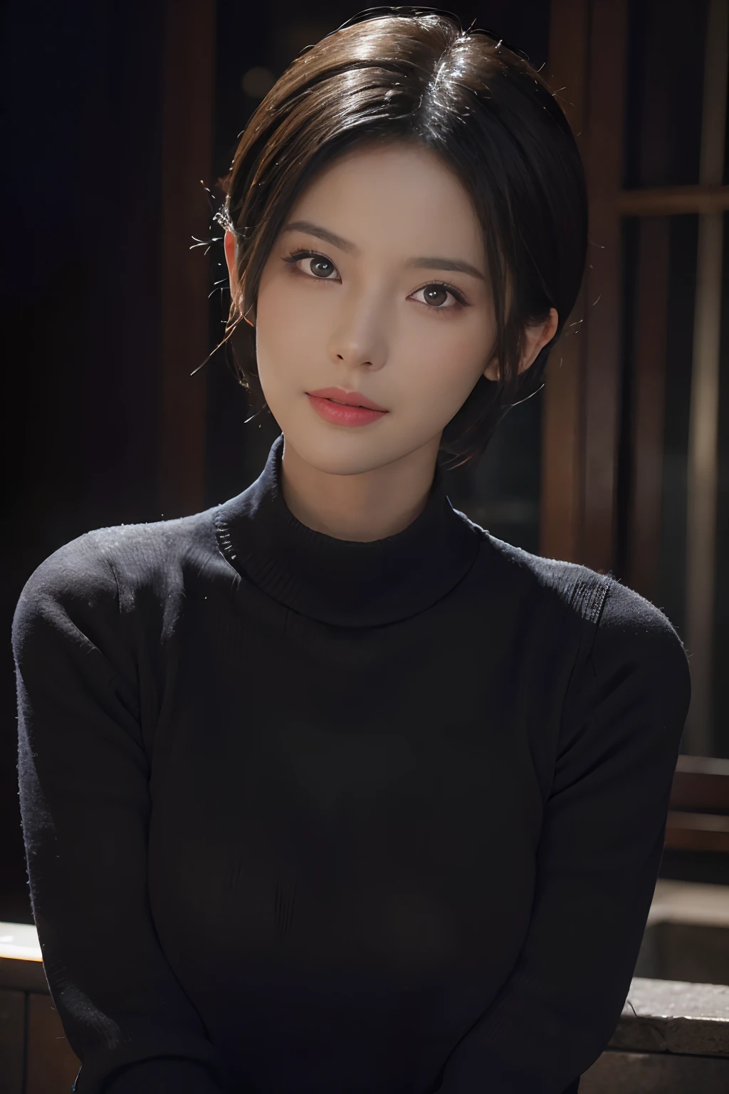(masterpiece:1.3), (8k, photorealistic, RAW photo, best quality: 1.4), (1girl), beautiful face, (realistic face), (black hair, short hair:1.3), beautiful hairstyle, realistic eyes, beautiful detailed eyes, (realistic skin), beautiful skin, (sweater), absurdres, attractive, ultra high res, ultra realistic, highly detailed, golden ratio