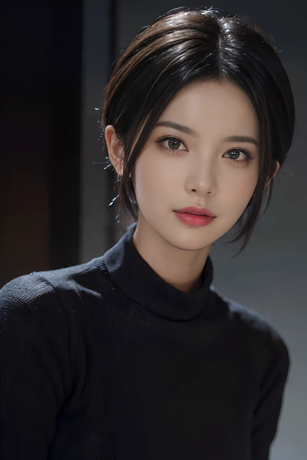 (masterpiece:1.3), (8k, photorealistic, RAW photo, best quality: 1.4), (1girl), beautiful face, (realistic face), (black hair, short hair:1.3), beautiful hairstyle, realistic eyes, beautiful detailed eyes, (realistic skin), beautiful skin, (sweater), absurdres, attractive, ultra high res, ultra realistic, highly detailed, golden ratio