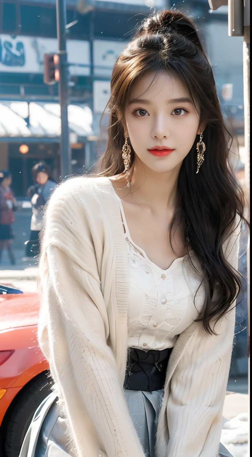 (（best qualtiy，tmasterpiece，超A high resolution）)，（realisticlying：1.4），(Korean star poster-like)，1girll，From head to knees，Dynamic posture，adult face，Slim，(ssmile)，joy，Reflective eyes，（shiny skins），（contours，frontage)，whaite hair，long whitr hair，黑The eye，Top fashion，（（White plush coat）），Beautiful costumes，(Lolita costume)，(short  skirt)，（Real drifting snow：1.5，snow cover，Simple street），(Clear eyes)，(Clear nose)，(Clear lips)，(Fair skin)，(Ultra-realistic textile textures)，cinmatic lighting，35mm，offcial art，Incredibly Ridiculous res，hugefilesize，