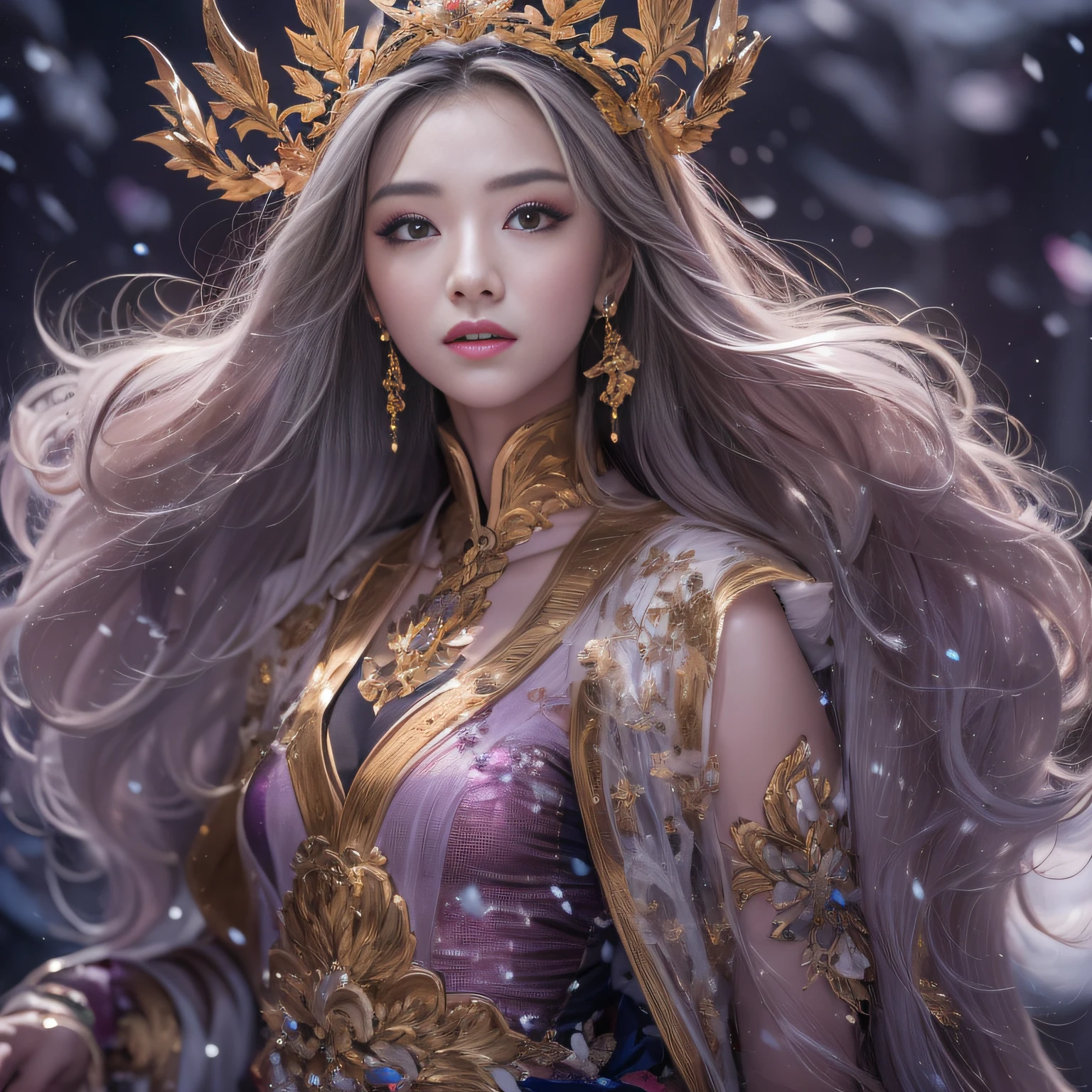 32K（tmasterpiece，k hd，hyper HD，32K）short detailed hair，Gold jewelry area in the back room，Flame Girl ，Yao Lang protector （realisticlying：1.4），Python pattern robe，Purple-pink tiara，Snowflakes fluttering，The background is pure，Hold your head high，Be proud，The nostrils look at people， A high resolution， the detail， RAW photogr， Sharp Re， Nikon D850 Film Stock Photo by Jefferies Lee 4 Kodak Portra 400 Camera F1.6 shots, Rich colors, ultra-realistic vivid textures, Dramatic lighting, Unreal Engine Art Station Trend, cinestir 800，Hold your head high，Be proud，The nostrils look at people