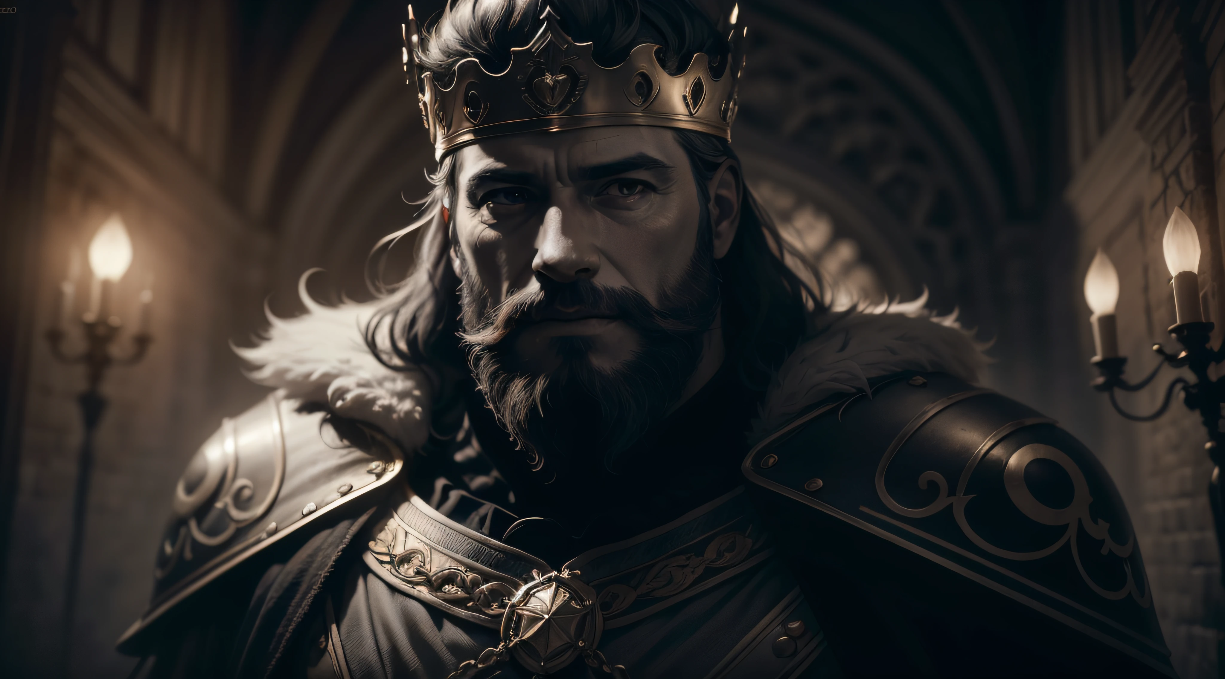 best quality, 500px, cgsociety, 8k, raw photo of (beautiful:1.2) human king, wear king crown, king armor, 40yo, beard, in castle, full body, ambient light, backlight, volumetric lighting, realistic, realistic lighting, cinematic lighting, depth of field, sharp focus, (high contrast:1.2), (film grain)