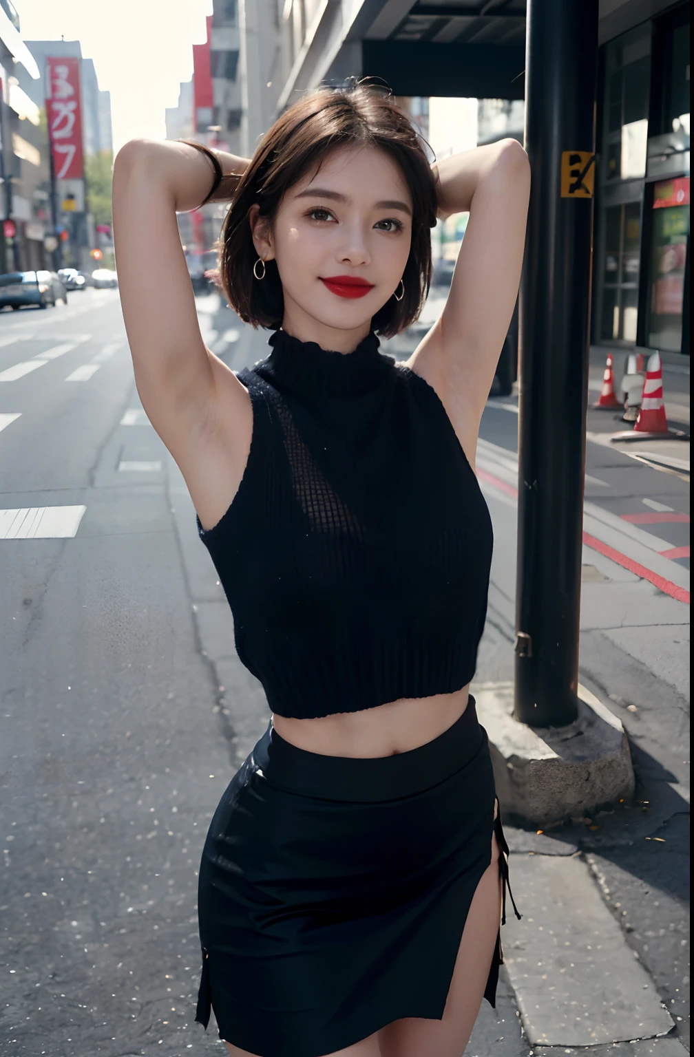 ((Show underarms、A hyper-realistic、Armpit、Detailed armpit wrinkles、Detailed armpit pores、Realistic armpit skin、Black armpit skin、Black armpits、Whole body towards the viewer、Show both armpits、Very small white sexy panties、Stand in the city、In town、in a street), (illustratio), (hight resolution)), (8K), (ighly detailed), (The best illustrations), (armpit pose、beatiful detailed eyes), (top-quality), (ultra-detailliert), (masterpiece), (wall-paper), (详细的脸), (A smile、red lipsticks)、((40-year-old woman,Show realistic armpits、Brown hair,short-hair,((Woman in navy blue high neck sleeveless sweater and white small sexy panties)), japanes,