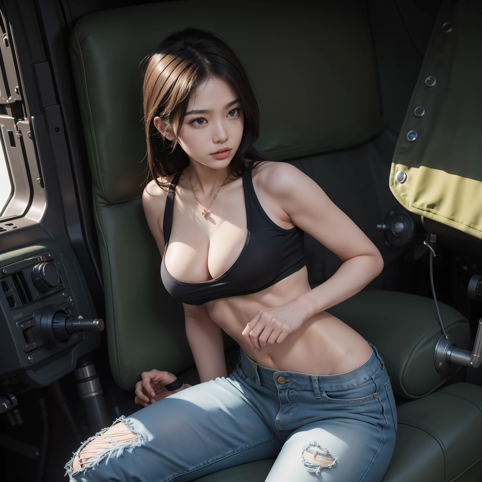 a girl dress as army, asian girl, one girl, sunglasses on the top od her head, army tanktop, army short, skimpy tanktop, skimpy army costume, ripped clothes, ripped jeans, big boobs, gigantic boobs, busty, cleavage exposed, major boobs uncovered, major cleavage exposed, dusty skin, lewd, lewd pose, very revealing clothes, almost , braless, no underwear, wear dog tag chain, wearing gloves, fingerless gloves,sitting on top of tank, battle tank, tank or chopper as a background, in the battle field. Sun have, warm effect, afternoon, golden hour, rim light, sun from the back of object, lens flare and haze, High quality, best quality, high resolution, Realism, Hyperrealism, accurate proportion body, sexy body, anatomically correct, super detail, slim thighs, perfect ratio body, good proportion body, no extra limb, no extra object