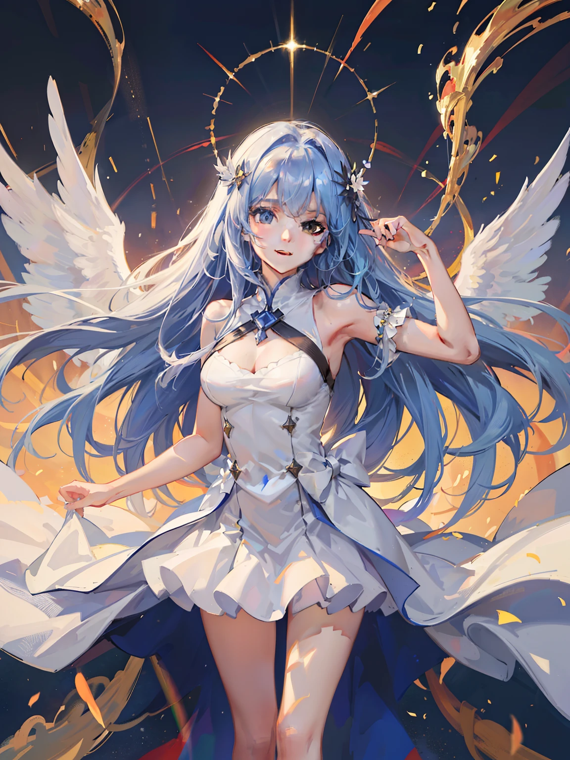 ((Masterpiece level,in a panoramic view,symetrical composition,Grand epic style,Correct limbs)),Best Picture Quality,8k ultra high definition,super detailing,Ups and downs in depth of field,At this moment, light and shadow shine together,Intoxicating delicate anime-style art,It's heartwarming,Fantastic atmosphere,One was wearing a long white dress、Girl with long flowing hair with blue eyes and white angel wings,Smile and stare ahead,The head is surrounded by a holy aura,The body seems to be suspended in the air,The tulle dress flutters in the wind,Radiant in the background,White doves soar over the palace,Blue sky with clouds floating gently,Create the ultimate in light and shadow effects。