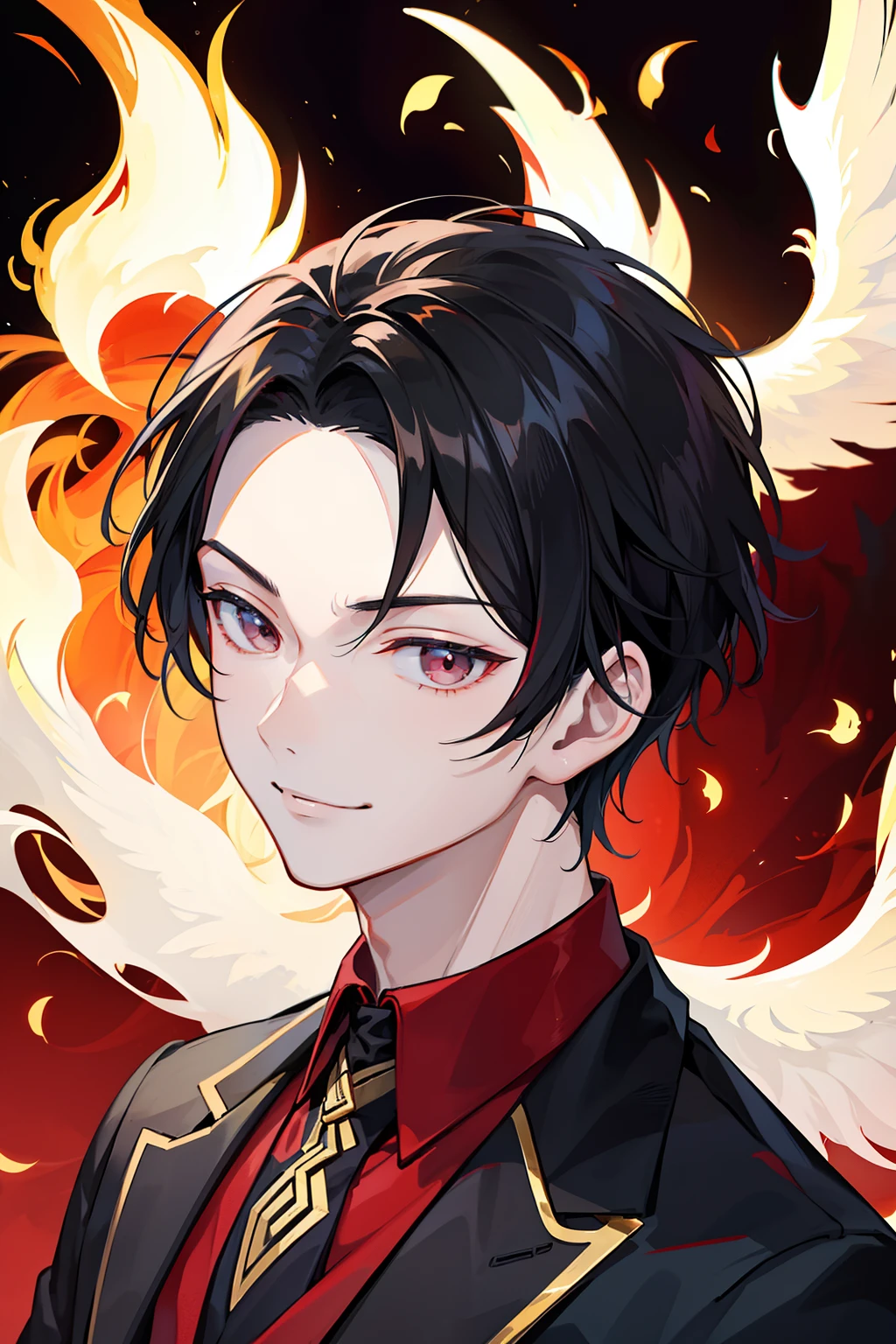 Chinese style boy，tmasterpiece，Clear facial features，Perfect handsome face，There is a phoenix in the background，Evil smile