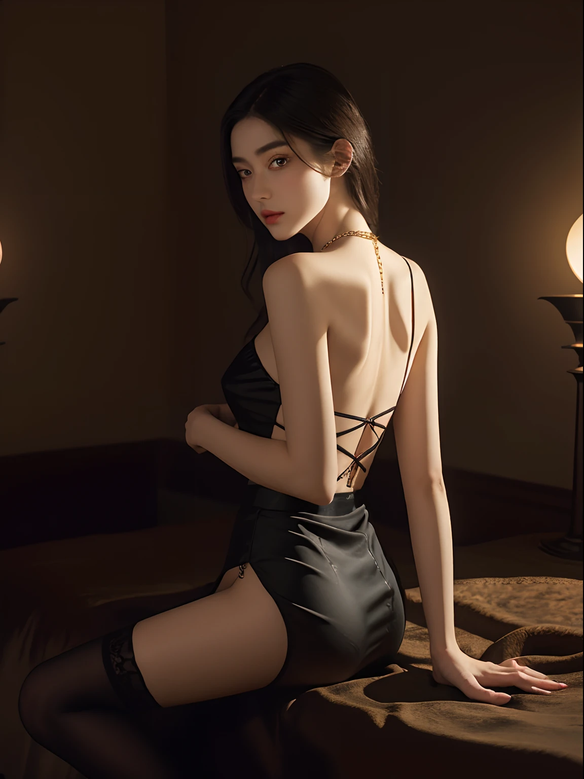 (tmasterpiece,high qulity,real photograph),Complicated details,Fantastical Atmosphere,Colorful effects,A pure and beautiful girl,Delicate and detailed face and eyes,Delicate makeup,Clavicle chain,Long black stockings,Silk skirt,Sexy back,Desert background,(Herrills F2 55)