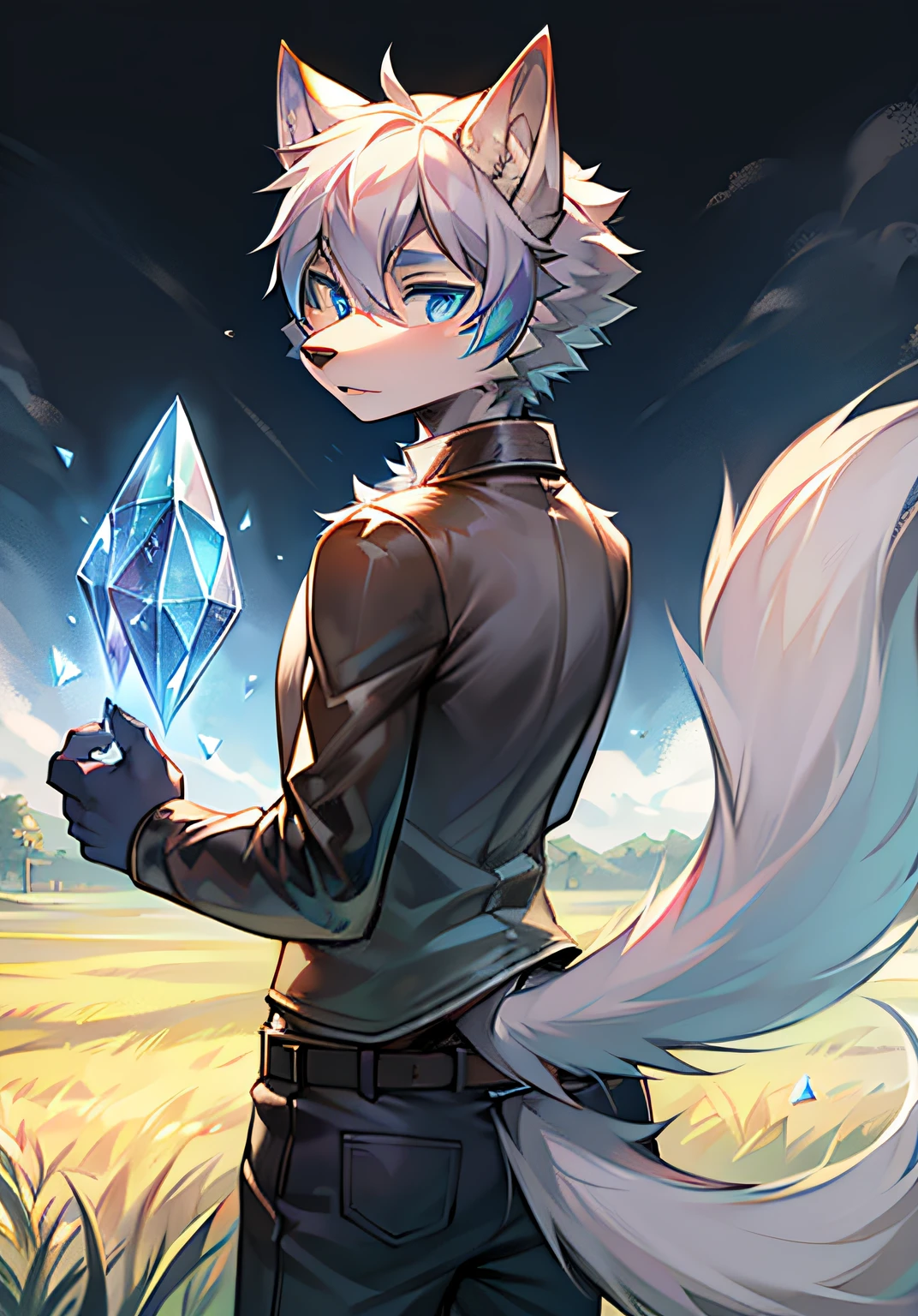 Furry,Wolf boy,White fur,crystal blue eyes,Single fluffy tail,greyt hair,short detailed hair,on a field