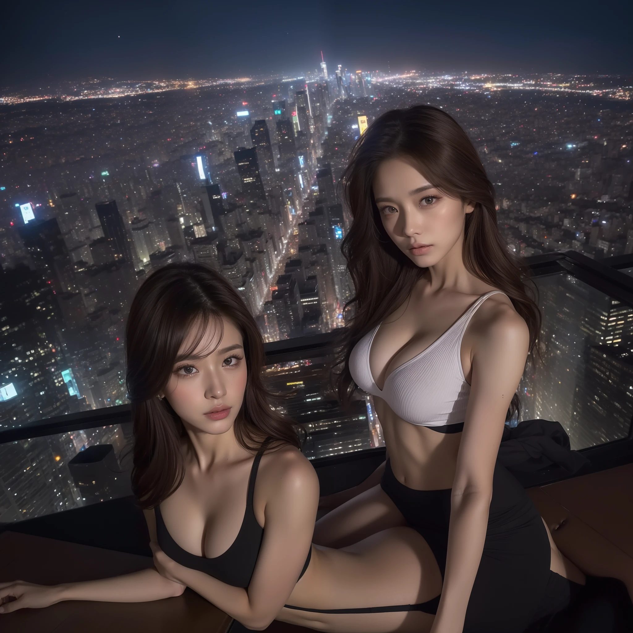 ((mid night、top-quality、8K、masterpiece:1.3))、full body Esbian、long legged、foco nítido:1.2、Beautiful woman with perfect body shape:1.4、Slender Abs:1.1、((dark brown hair、huge-breasted:1.2))、(Tight fitness wear、is standing:1.2)、((Night City View、On the rooftop:1.3))、Highly detailed facial and skin texture、A detailed eye、二重まぶた