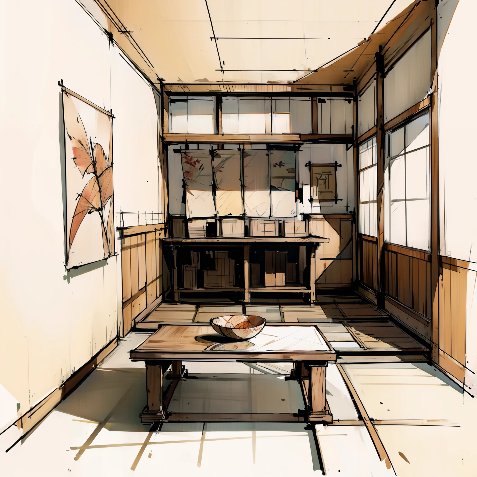 (Interior design sketch)，sketching，Script Kill Shop，（Artistically，artistic impression，high detail illustration，illustratio，A detailed illustration），Interior design，japanese-inspired，Japanese-style murals，Japanese ornaments，Wall paintings，Stores，Large long table，Stores，White fabric PRB texture，wooden floor PRB texture，(Cramped rooms，Closed room)