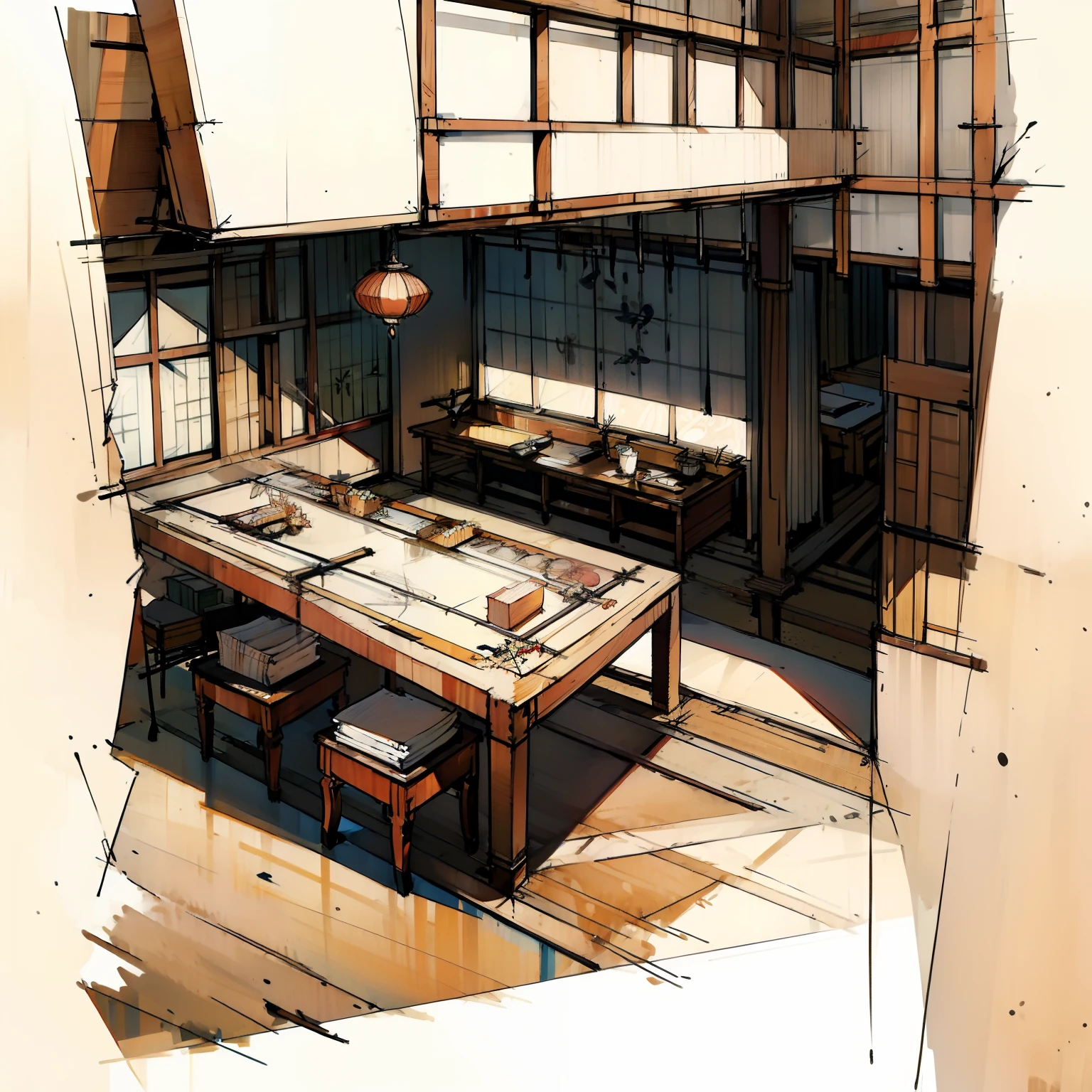 (Interior design sketch)，sketching，Script Kill Shop，（Artistically，artistic impression，high detail illustration，illustratio，A detailed illustration），Interior design，japanese-inspired，Japanese-style murals，Japanese jewelry，Wall paintings，Large long table，stores，White fabric PRB texture，wooden floor PRB texture，(Cramped rooms，Closed room)