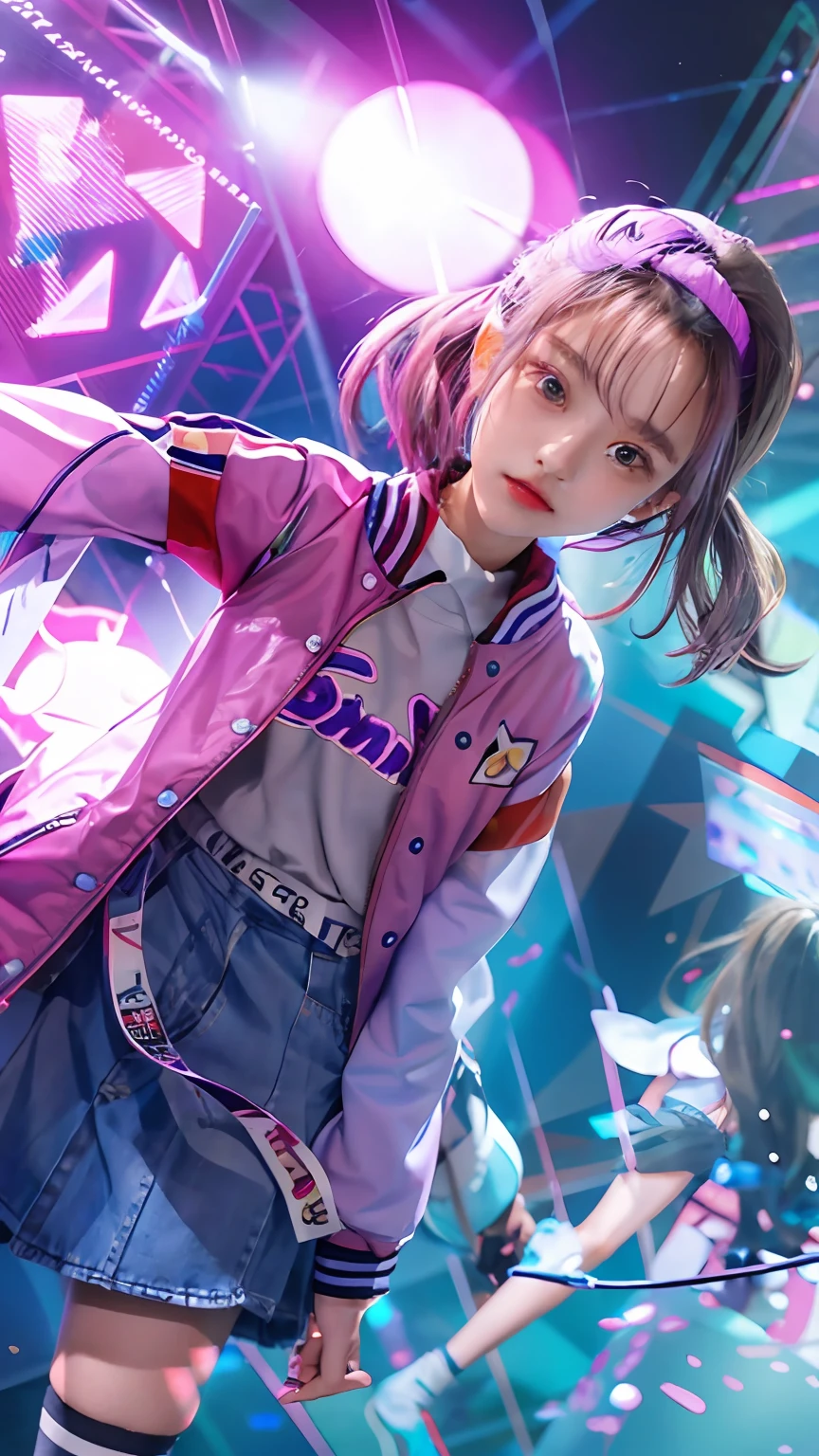 8K、​masterpiece、top-quality、ultra-detailliert、She has smooth cream hair tied in two、top-quality、sixteen years old、teens girl、Brown eyes、Cap in reverse、Detailed gray trainer、Detailed denim skirt、Detailed large pink blouson、Black knee socks、Brown sneakers 、top-quality、​masterpiece、Live Stage、Purple light is shining、japanes、Round face、​masterpiece、top-quality