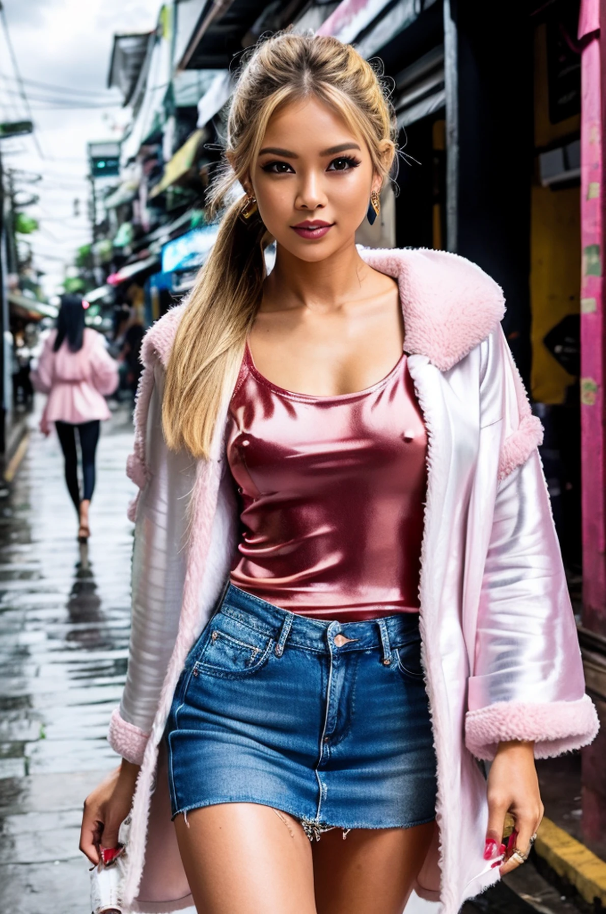 beautiful thai hooker ,loose top, (blonde hair ),straight hair , bangkok, , tuk tuk, dark clouds, wet ground,((dark yellow top)) , ,low contrast,tanktop, ,denim mini skirt,very skinny, slim girl, ponytails, hair tied back,,wide open, breasts out, , tattoos,full arm tattoo,walking , alley, open bars, street food, medium breasts, jewellery, detailed face, exclusive clothing,,,high heels