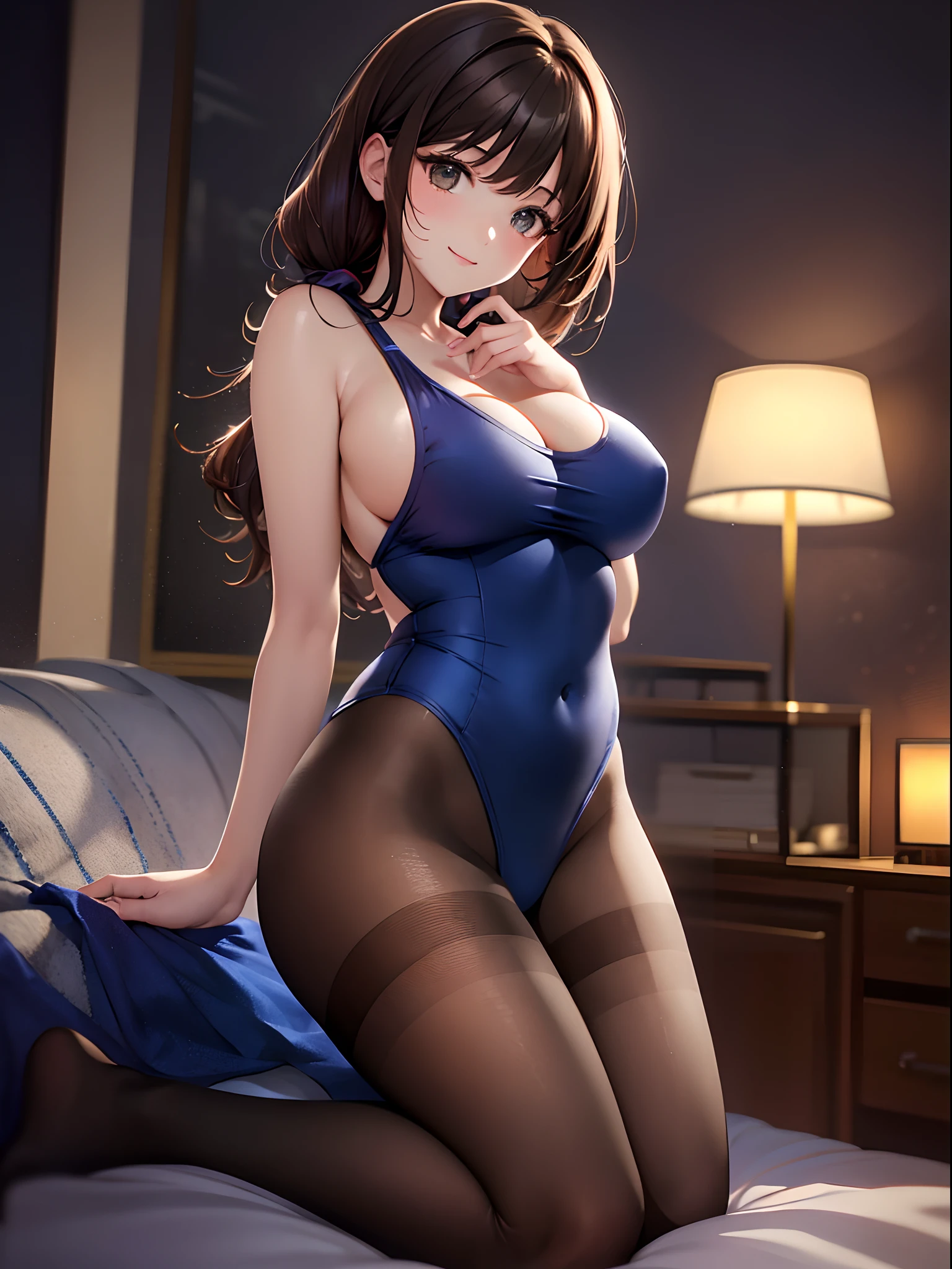 (top-quality: 1.3), (masterpiece: 1.3), (The ultra-detailliert: 1.3), (wall-paper, one girls: 1.1)、(Detailed hands and fingers:1.2)、(Detailed ultra-oily shiny skin:1.1)、oily shiny thighhigh、(New one-piece school swimsuit in beautiful dark blue color:1.2)、(Brown pantyhose:1.3)、Luxurious bedroom、Luxurious and plush bed、Brown hair、ssmile、(Beautiful Large Breasts:1.3)、poneyTail、Beautiful sister、(Kneeling:1.2)、sexypose、Stretch