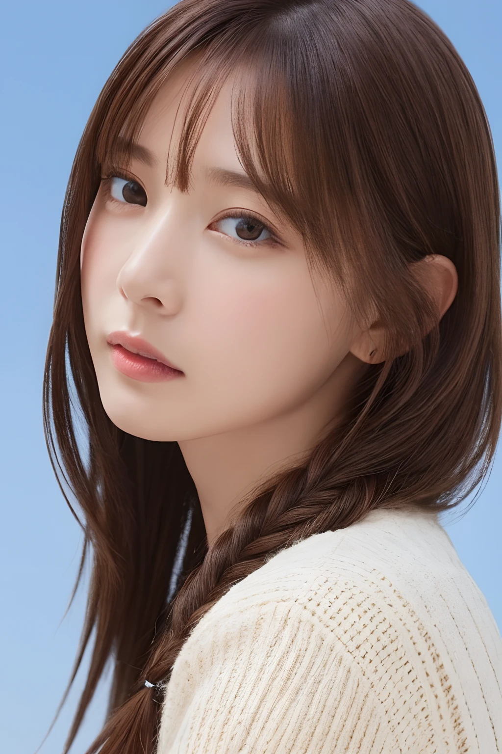 (From below:1),((1girl in)),Light Brown Fringe Hair、Braided hair、disheveled hair、Light brown eyes、(dignified expression)、(Fashionable casual wear),(爆乳)、Emphasize the valley、Skyscraper District、blue-sky、(Photorealsitic)、(intricate detailes:1.2)、(​masterpiece、:1.3)、(top-quality:1.4)、(超A high resolution:1.2)、超A high resolution、(A detailed eye)、(detailed facial features)
