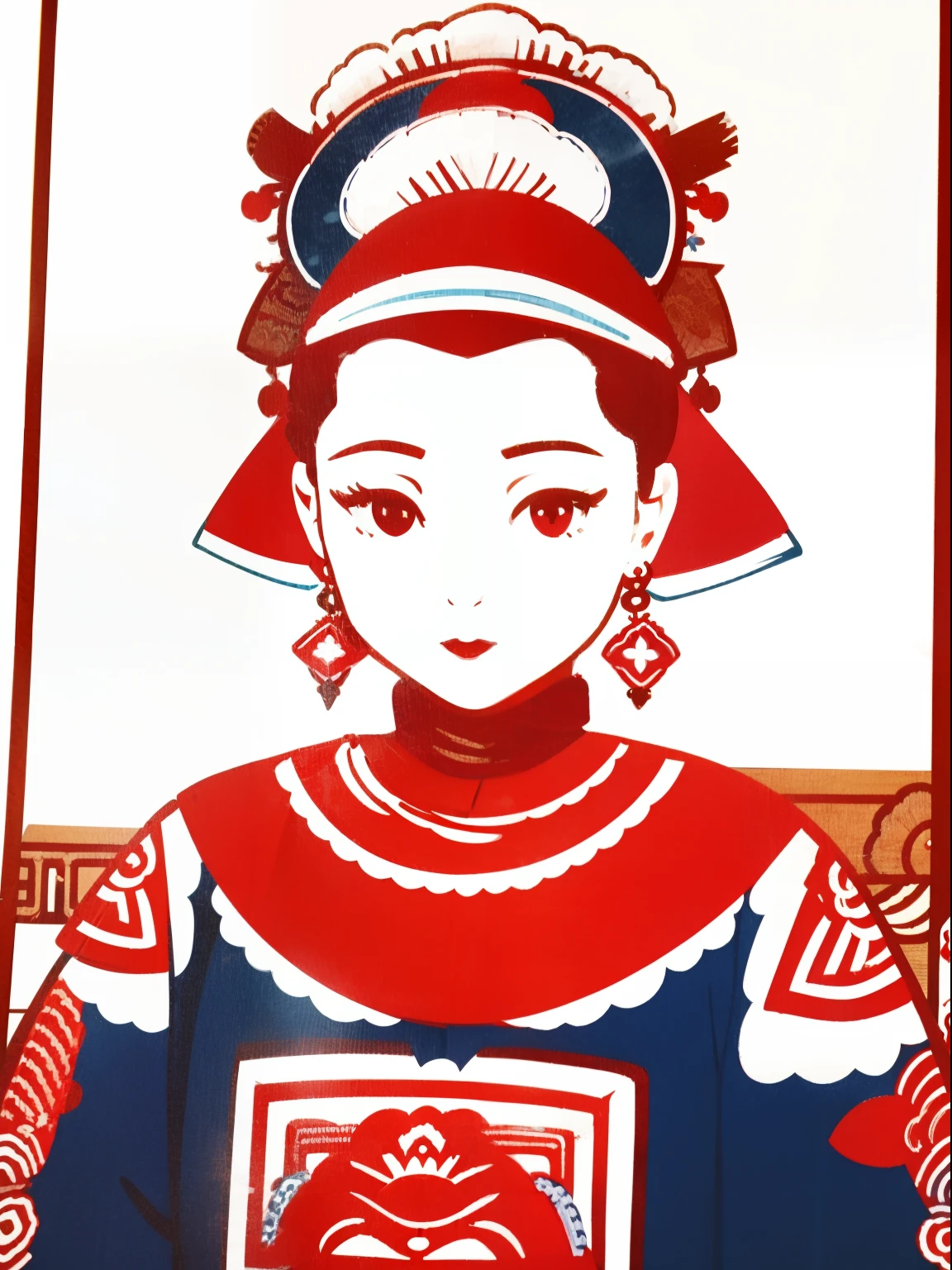 A charming national style girl，Wearing earrings, Prompt B: Red and blue national costumes，Ethno-style headdress, Prompt C: arte em papel cortado，badges, Prompt D: front portrait, Prompt E: screen print)