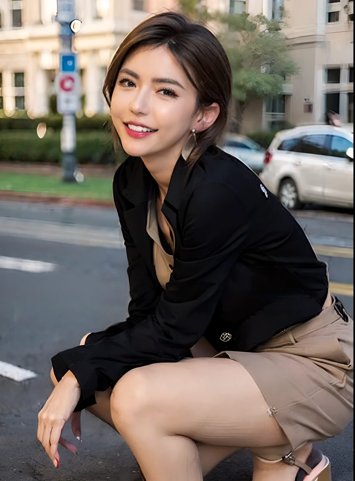 (8k, Best Quality, Masterpiece:1.2), (Realistic, Photorealistic:1.37), Ultra Detail, 1 Girl, Full Body, Outdoor, (Adjusted Hair:1.5) Office Lady, Black Office Blazer, Office Skirt, (pantyhose: 1.2), (short button-down shirt: 1.2), button-up collar prim, button-down collar prim, bra, (pantyhose: 1.2), alpha layer, high heels, beautiful earrings, cute, solo, beautiful detailed sky, (smile: 1.15), (closed mouth), small breasts, beautiful detailed eyes, business attire, (short hair: 1.2), floating hair NovaFrogStyle,
