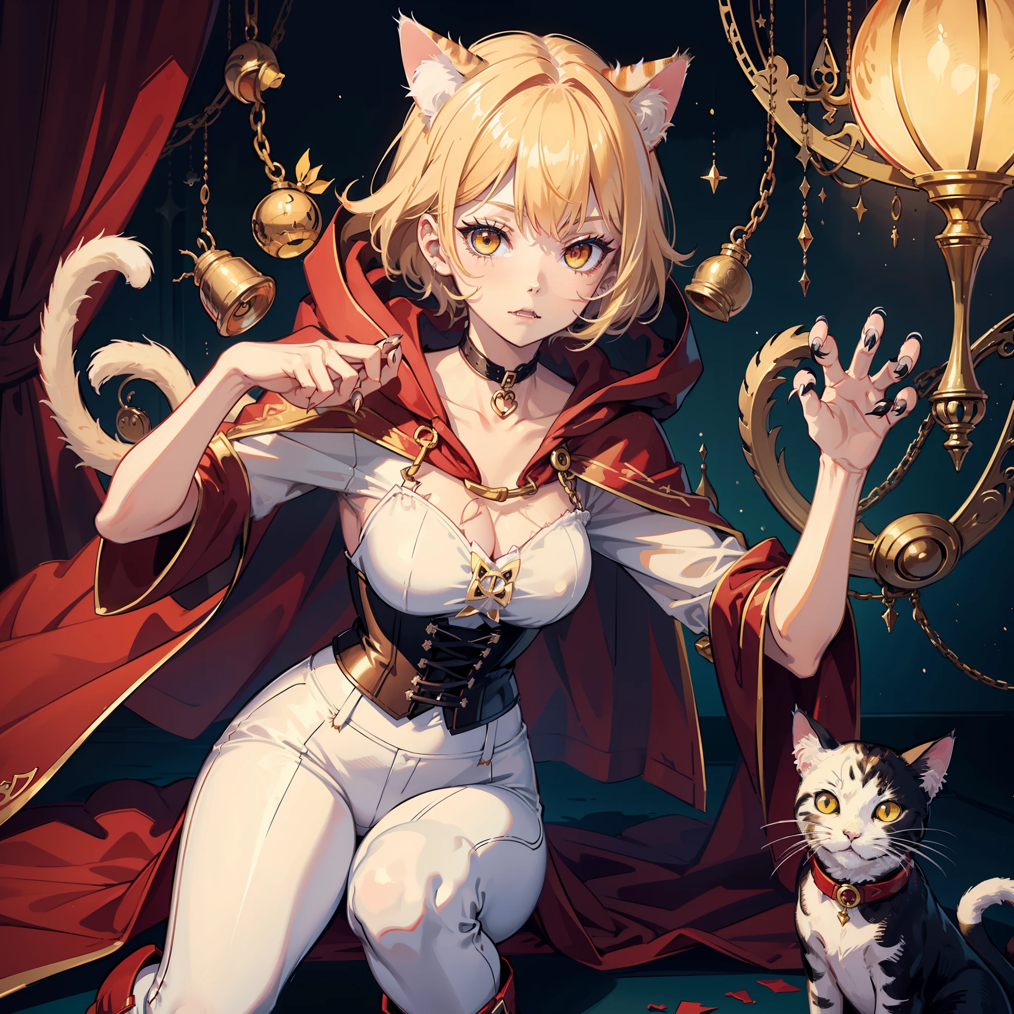 girl girl masterpiece,best quality,ultra detailed,detailed eyes,
1girl|blondecat,perfect pretty face,slim body,cat ear,cat eyes,yellow eyes,short blonde hair,beige skintight pants,black boots,white corset,(catbell coller),(((red cloak))),(cat claws:1.5),ojou-sama pose,detailed background,crawling,dramatic angle,(1001ArabianNights),