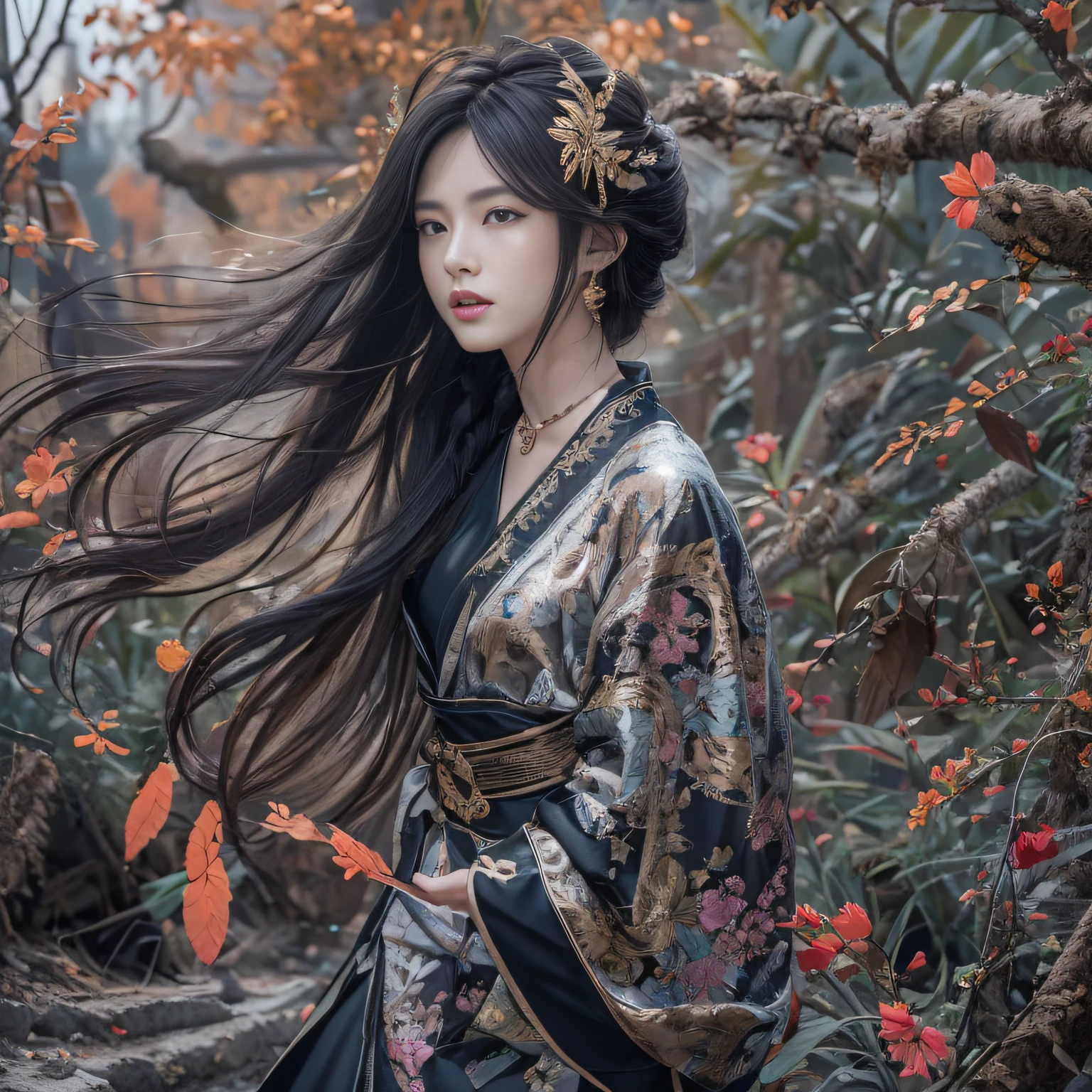 32K（tmasterpiece，k hd，hyper HD，32K）Long flowing black hair，ponds，zydink， a color，  Xuzhou people （Seduce girls）， （The purple gold scarf of the desert）， Combat posture， looking at the ground， long whitr hair， Floating hair， Carp pattern headdress， Chinese long-sleeved silver battle robe， （Abstract gouache splash：1.2）， Pink petal background，Tulips flying（realisticlying：1.4），Black color hair，Fallen leaves flutter，The background is pure， A high resolution， the detail， RAW photogr， Sharp Re， Nikon D850 Film Stock Photo by Jefferies Lee 4 Kodak Portra 400 Camera F1.6 shots, Rich colors, ultra-realistic vivid textures, Dramatic lighting, Unreal Engine Art Station Trend, cinestir 800，Long flowing black hair，see-through transparent clothes