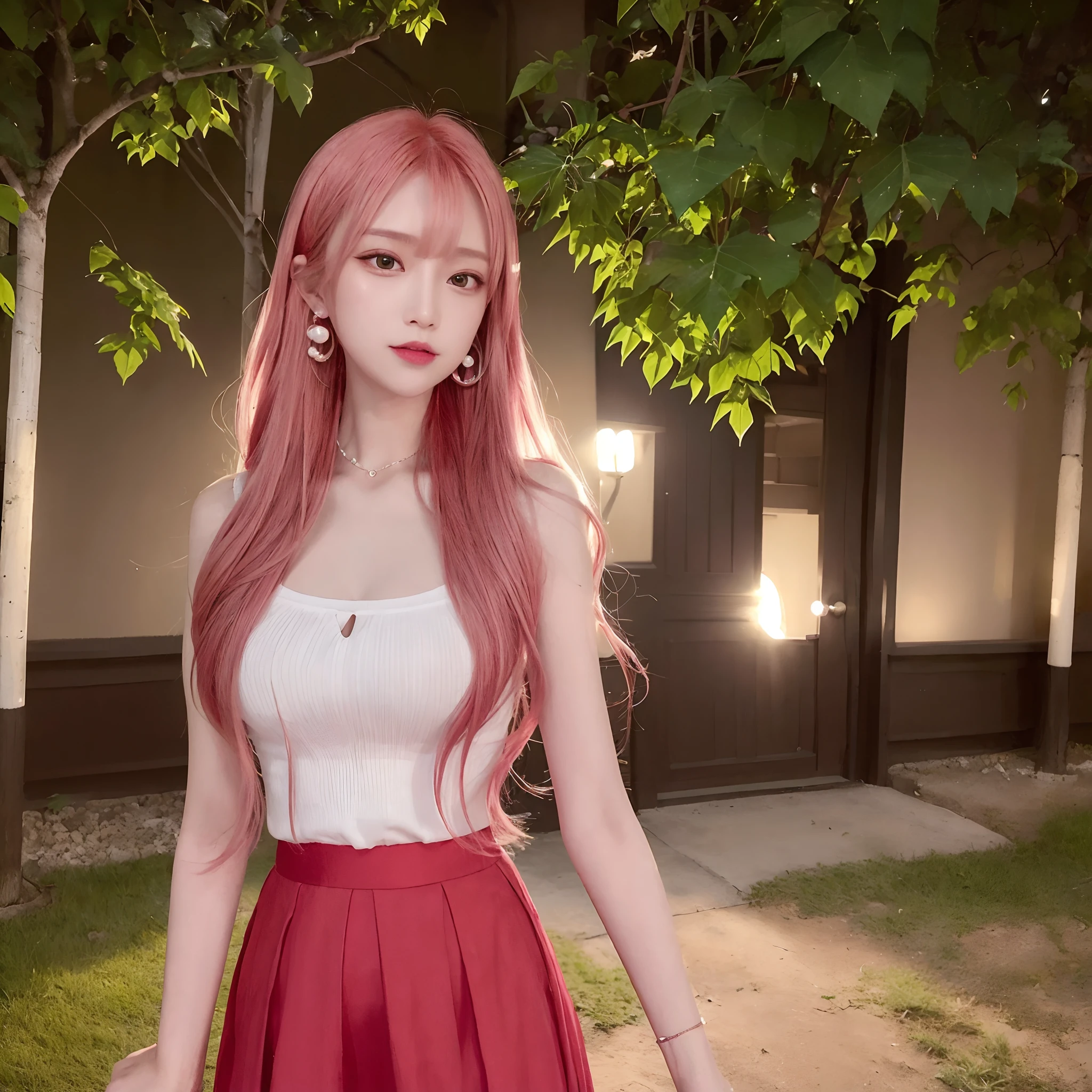 ((top-quality、8K、masterpiece:1.3)), Beautuful Women, 1girl in, :1.3, Slender body type :1.1,masuter piece, Best Quality,Best Shadow,Beautiful night view,Building Street,1girl in,Lady,((Skirt flutters)), Realisticity, Best Quality,Best Illustration,extremely delicate and beautiful,glowing earrings、finely detail,Beautiful detailed girl,((The wind is blowing),(Hair fluttering in the wind)),Slender face,lip stick,鎖骨,small tits、tiny chest、,(absurdly long hair),Delicate beautiful face,half updo / Upstyle,Pearl Pink Gradient Hair,long skirt、White blouse,((Light red inner hair)),