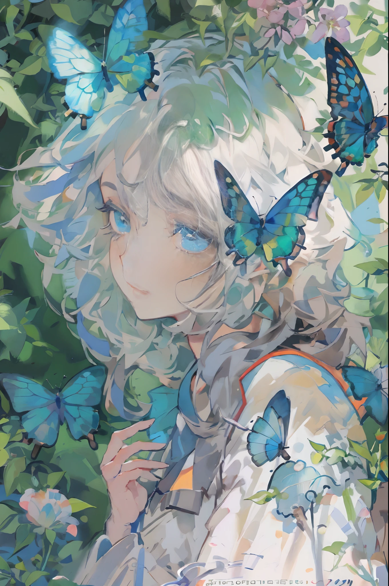 flying butterflies，Fluttering petals，pretty 1girl、15yo student、(light blue  eyes:1.15)、silber hair、Very long hair、de pele branca、a closed mouth、(flat breast:1.2)、Chiffon dress、Surrounded by blue butterflies、(hopelessness:1.3)、gotik、fronds、(vines:1.1)、(dawn light:1.2)、(depth of fields:1.4)、softlighting，softfocus，blurry image，high lighting，Low contrast，The overall feel is like an oil painting,profile,Cornflower Art