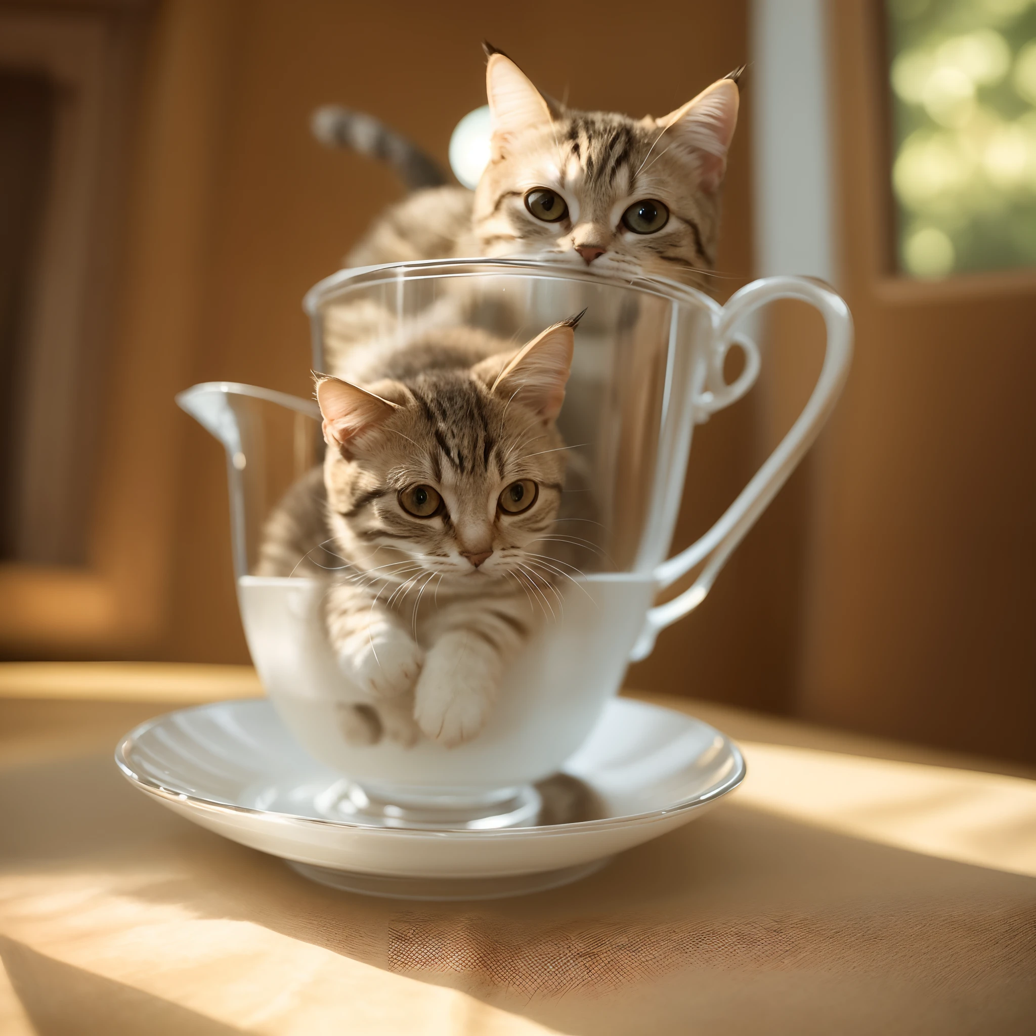 catss, In a clear glass teacup, the face, Front paws extended,adorable expression, 8K, profesional photo, delicated, Pubic area is clear, On a table, Inside the house, rays of sunshine, light leaks, tmasterpiece, ((prette))), Stylish teacup, (Realistis), plushies, Round pupils