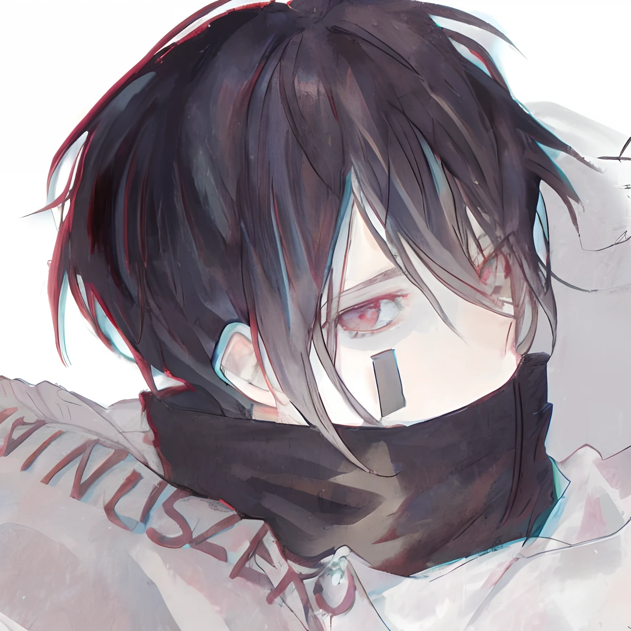 brunette color hair,Anime boy with a scarf on his head, , gapmoe yandere, Anime boy, Eren Yeager, in an anime style, He wears a mask,Match the original picture person