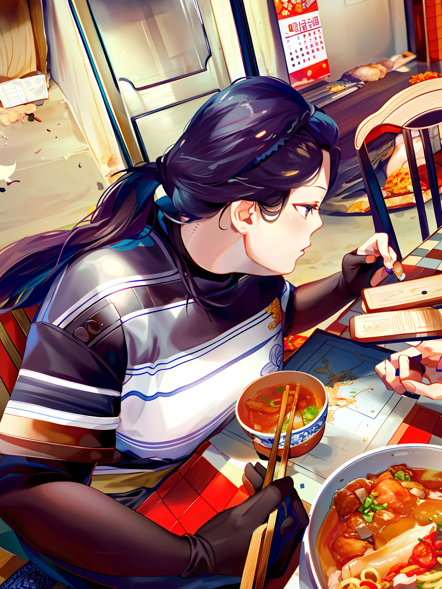 The woman sits at the table，Holding a bowl of food and a cell phone, mukbang, Eating noodles, Eating, Ready to eat, very very low quality picture, Chinese, people inside eating meals, lawther sit at table playing dnd, checking her phone, photograph taken in 2 0 2 0, Chinese traditional, 2 0 2 2 photo, very very low quality