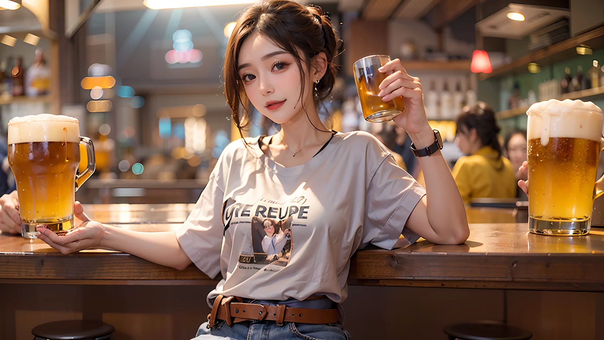 A very beautiful girl,Young face, Hefty Smile, 10 me,Brown hair, Oversized T-shirt,
Bar,holding a beer mug,Beer in both hands,
独奏,1girl in,Xinhua State
break
(masutepiece, Best quality,Ultra-detailed)