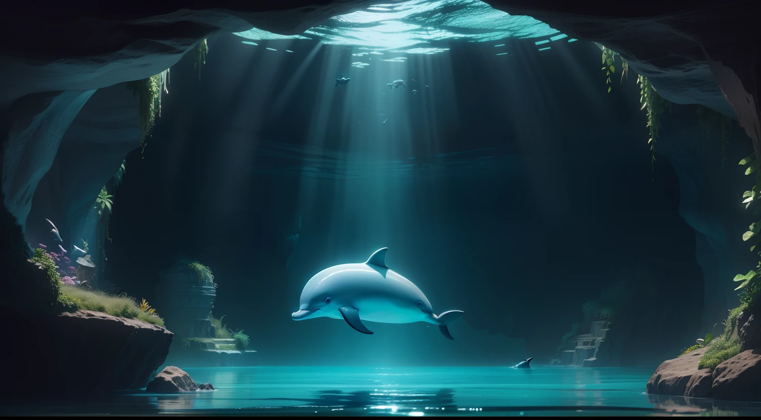A lonely dolphin,under the dark water cave,small plant,Lost in a maze of underwater passages, Danny(the dolphin )felt scared.