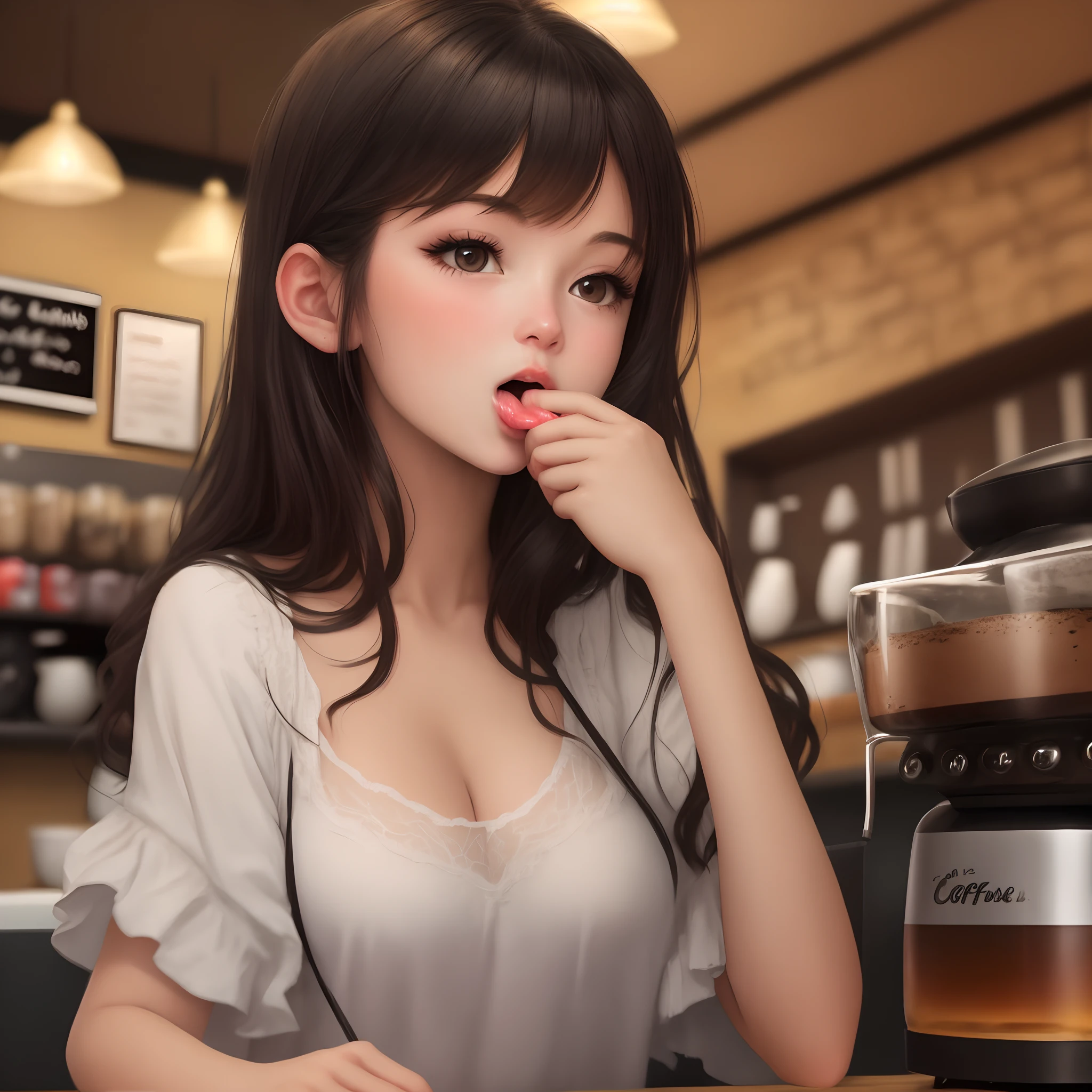 A girl sucking a black In coffee shop