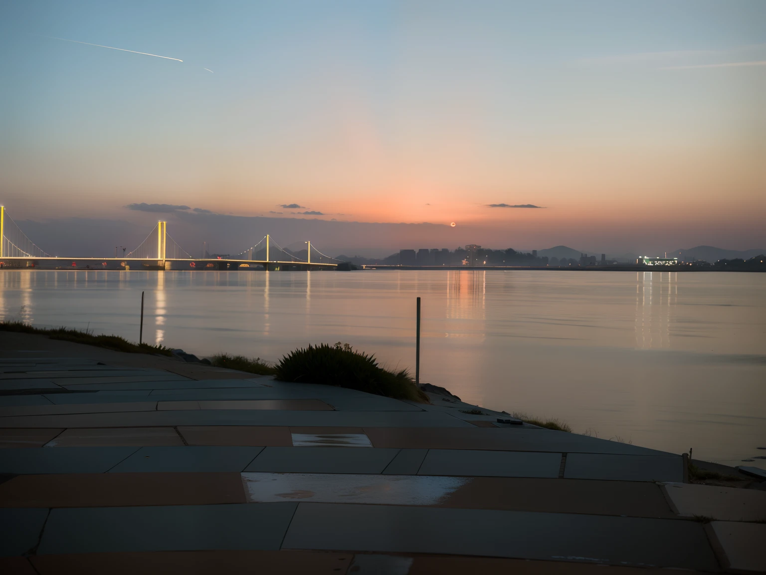 Araved view of the city skyline，There is a bridge and a piece of water, At sunrise, taken with sony alpha 9, taken at golden hour, the sea seen behind the city, taken with a Sony A7R camera, Sunset view, In the evening, late sunset, summer morning, taken with canon 8 0 d, early evening, during sunrise, Morning sunrise