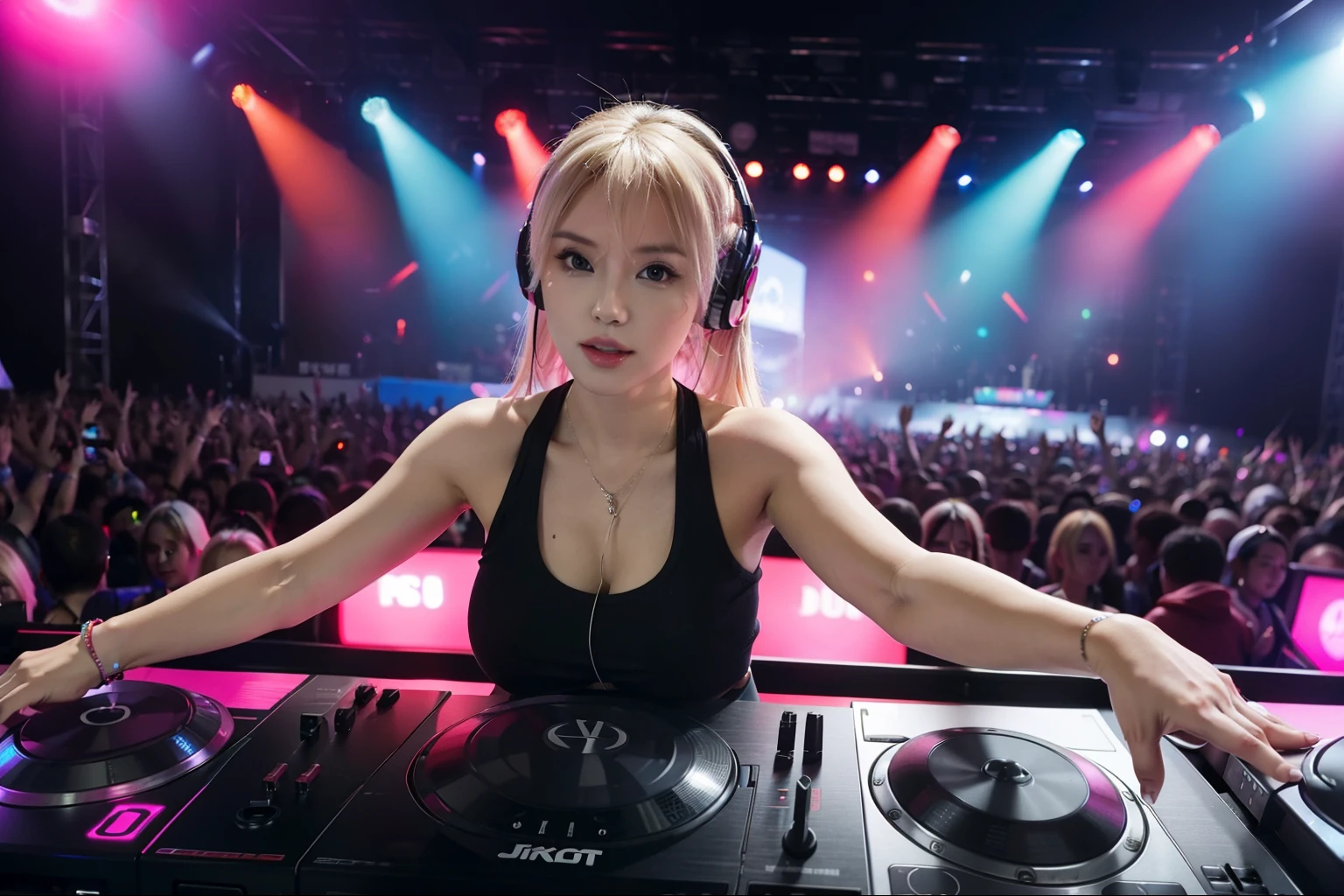 photo of mature bimbo (DJ:1.2) playing at a vibrant (music festival:1.2) with (energetic crowd:1.1) and (colorful stage lights:1.1), (her each hands on each discs), platinum blonde side tail hair, wearing cropped colorful tank top, wearing large headphone