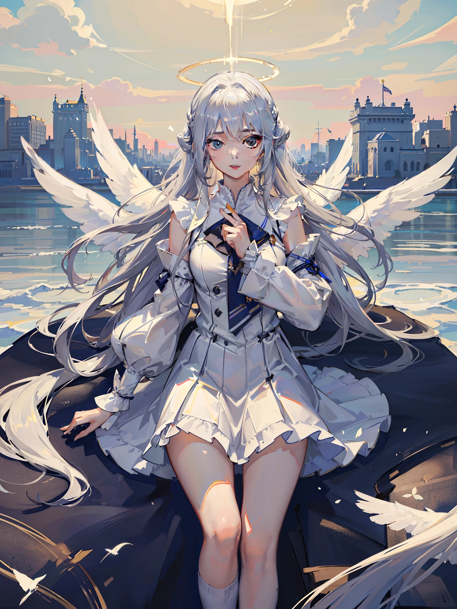 ((Masterpiece，full bodyesbian，in a panoramic view，Long-haired girl with angel wings，The halo on the head，The body is suspended in the air，Tulle long dress，Surrounded by holy light，Backlight，Dove，Suspended palaces，blue-sky， Long flowing white hair，schoolgirls，angelicales，long  skirt，Thin beautiful blue eyes，Thin clouds floating around，Extreme light and shadow))，Ultra HD digital art，Beautiful details，Best quality，8K，（Soft light），Cinematic light，Beautiful eyes,long white socks，cozily，clean and meticulous anime art，art trend，gentlesoftlighting，Extreme light and shadow