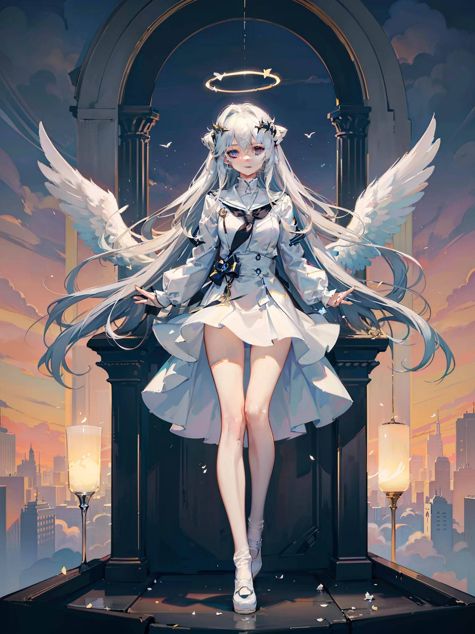 ((Masterpiece，full bodyesbian，in a panoramic view，Long-haired girl with angel wings，The halo on the head，The body is suspended in the air，Tulle long dress，Surrounded by holy light，Backlight，Dove，Suspended palaces，blue-sky， Long flowing white hair，girls，angelicales，long  skirt，Thin beautiful blue eyes，Thin clouds floating around，Extreme light and shadow))，Ultra HD digital art，Beautiful details，Best quality，8K，（Soft light），Cinematic light，Beautiful eyes,long white socks，cozily，clean and meticulous anime art，art trend，gentlesoftlighting，Extreme light and shadow