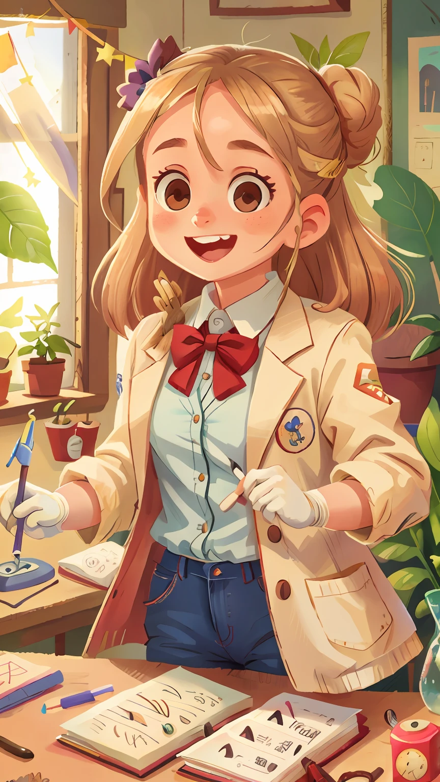 8yk,raw photo,(masterpiece), (best quality), highres,(1girl),(realistic, photo-realistic:1.2),ultra detailed, physically-based rendering, a pretty girl, scientist girl, white lab coat, white gloves, studying oak leaves, in a lab, mole on the left upper lip, blue eyes, brown and blonde hair, 2 hair bun, smiling, microscope, 30 years old
