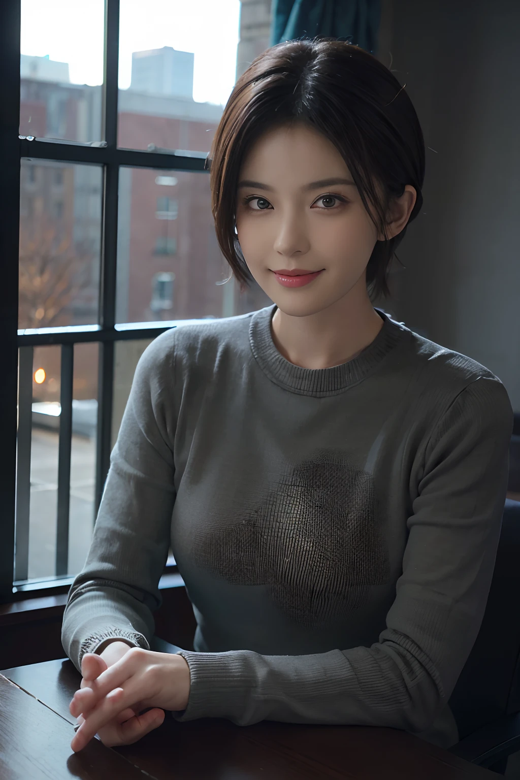 (masuter piece:1.3)、(8K、Photorealsitic、Raw photography、top-quality: 1.4)、(1girl in)、(A smile)、(Lifelike face)、(A dark-haired、short-hair:1.3)、Beautiful hairstyle、realisticeyes、Beautiful details、（real looking skin）、Beautiful skins、（Sweaters）、absurderes、enticing、超A high resolution、A hyper-realistic、high-detail、the golden ratio