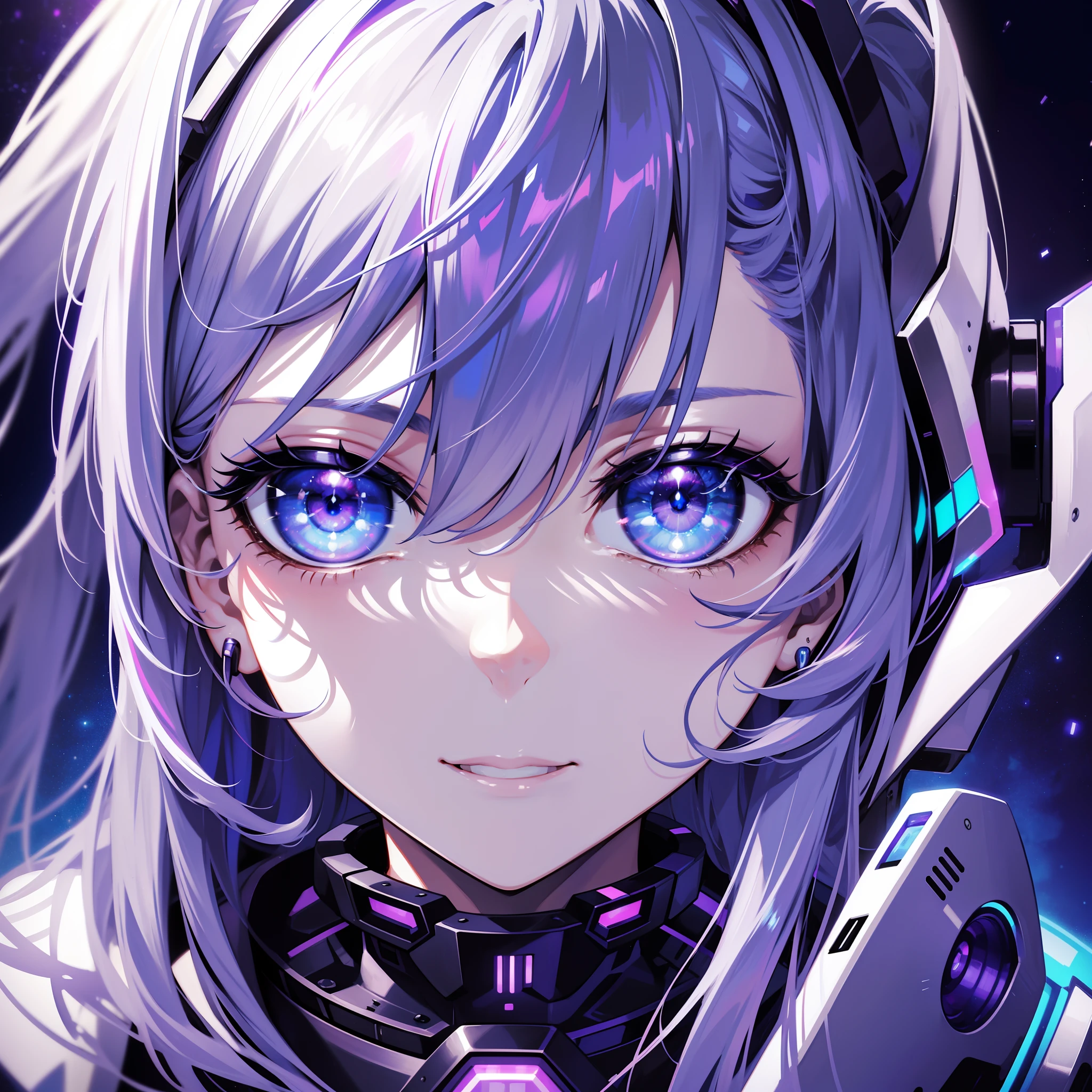 cyber punk perssonage ,Close-up view,ultra - detailed,Masterpiece,head portrait,Extreme picture quality,the detail,brightcolors,Behind is a huge purple display,White navy top,blue backdrop,ultra - detailed,Glowing pupils,White-haired girl,Hefty Smile,Shining starry sky