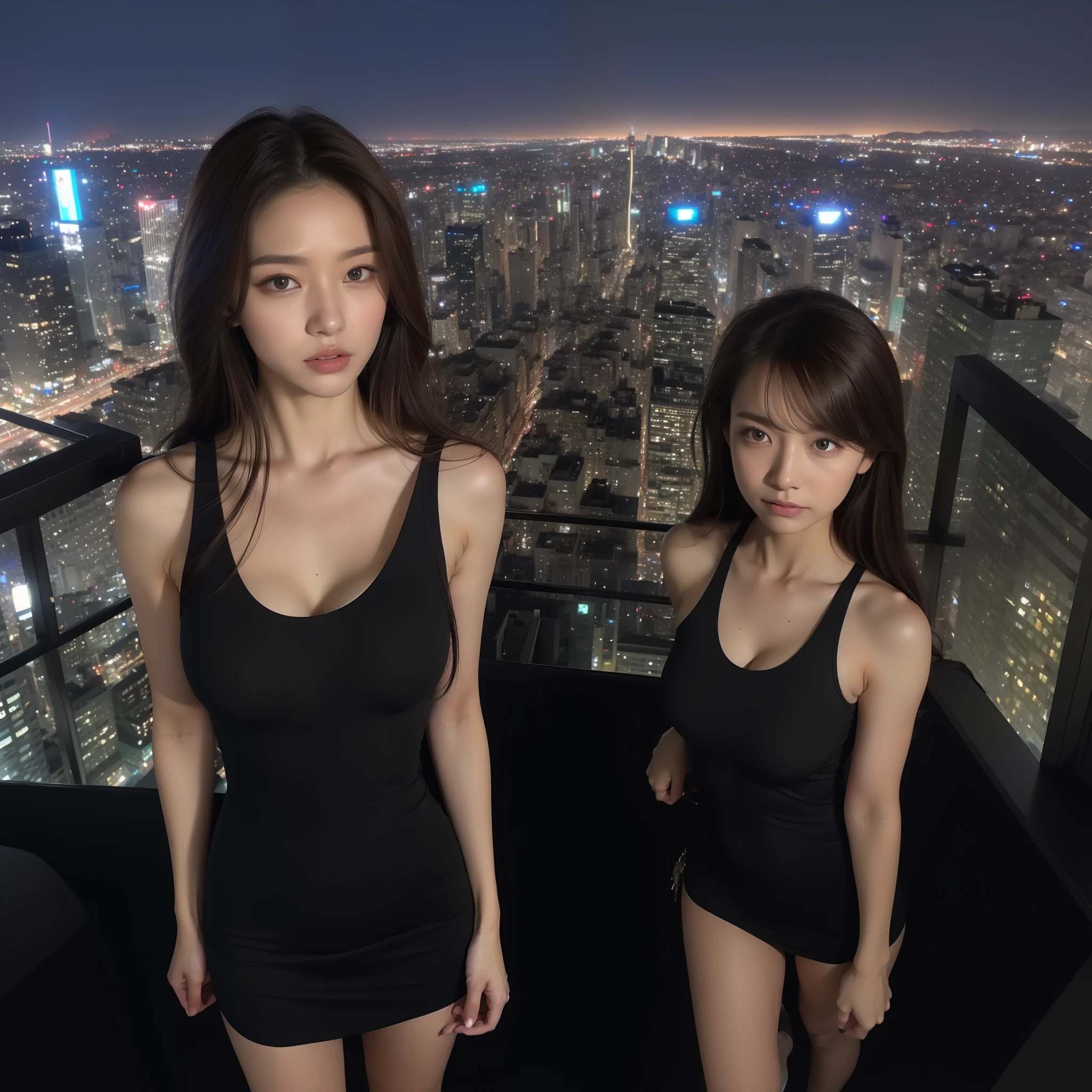 ((mid night, top-quality, 8K, masterpiece: 1,3)), full bodyesbian, long legged, foco nítido: 1,2, Beautiful American woman with perfect body: 1,4, slender abdomen: 1,1, ((blonde hair, Seios grandes: 1,2 )), (Butterfly swimsuit with logo, standingn: 1.2), ((city night scene, On the rooftop: 1.3)), Highly detailed facial and skin texture, A detailed eye, 二重まぶた