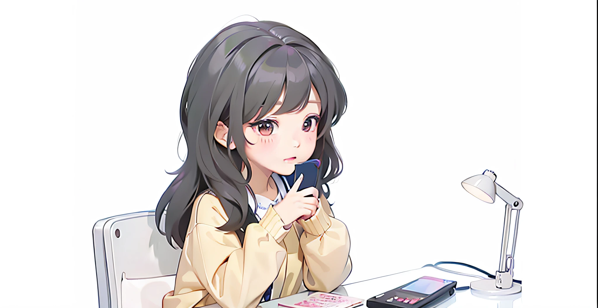 Anime girl sitting at desk，Mobile phone in hand, An anime girl, Cute anime girl, anime visual of a cute girl, anime moe art style, lofi-girl, anime lover, Anime girl, up of young anime girl, Cute anime, High Quality Anime Art Style, ig studios anime style, Digital anime illustration, in an anime style, lovely art style