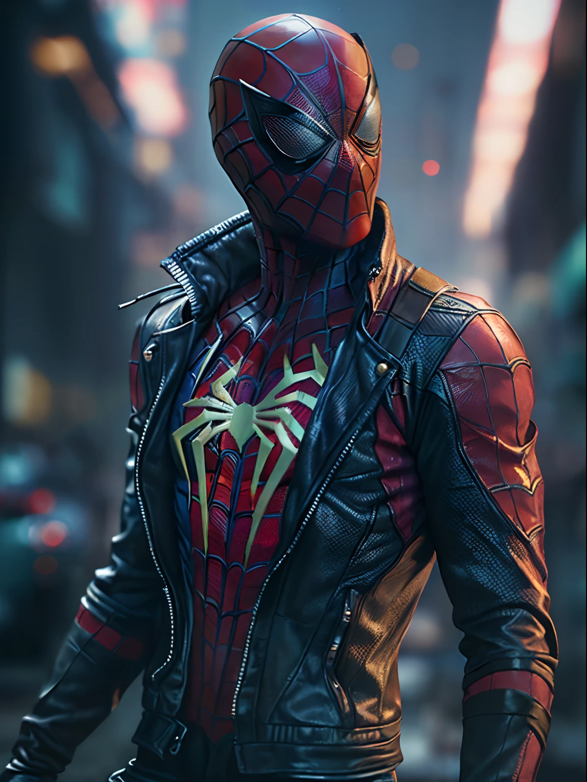 Spiderman as a zombie,(top-quality、8K、32K、masterpiece、nffsw:1.3)、(The ultra -The high-definition)、(Photorealsitic:1.4)、Raw photography,Perfect eyes,Charming perfect figure,actionpose:1.2,Detailed cyberpunk fashion、World of Cyberpunk,depth of fields,blurry backround,、