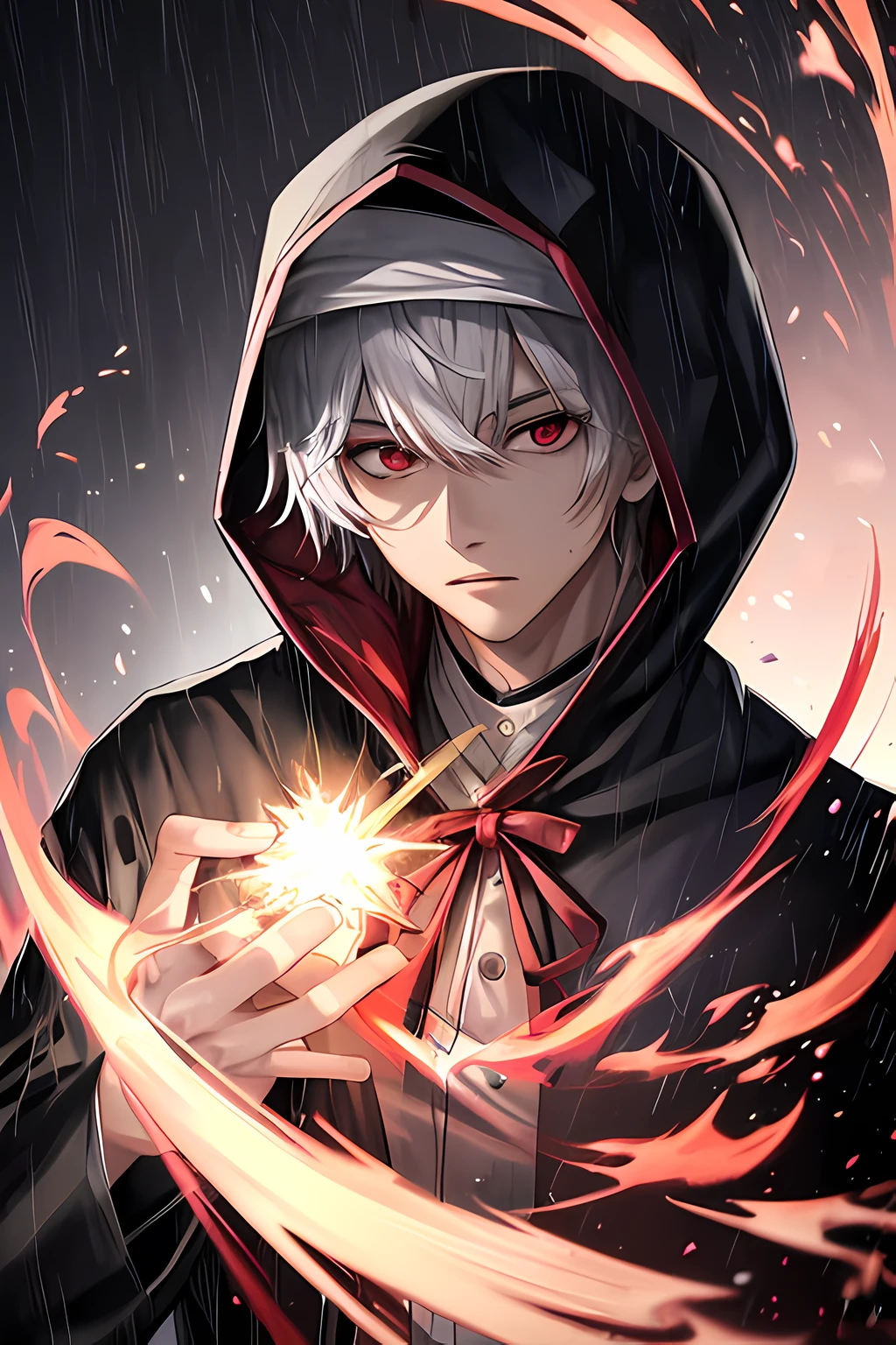 kk, Best quality, More details, Mastery, 1boy, kaneki ken, Portrait, Male focus, Red eyes, Solo, bangs, view the viewer, Hood, Short hair, rain, tokyo tokyo \(City\), hijabi sluty,Nail polishing,whaite hair,luxury goods,8K,the detail,Ray traching,depth of fields,电影灯光,