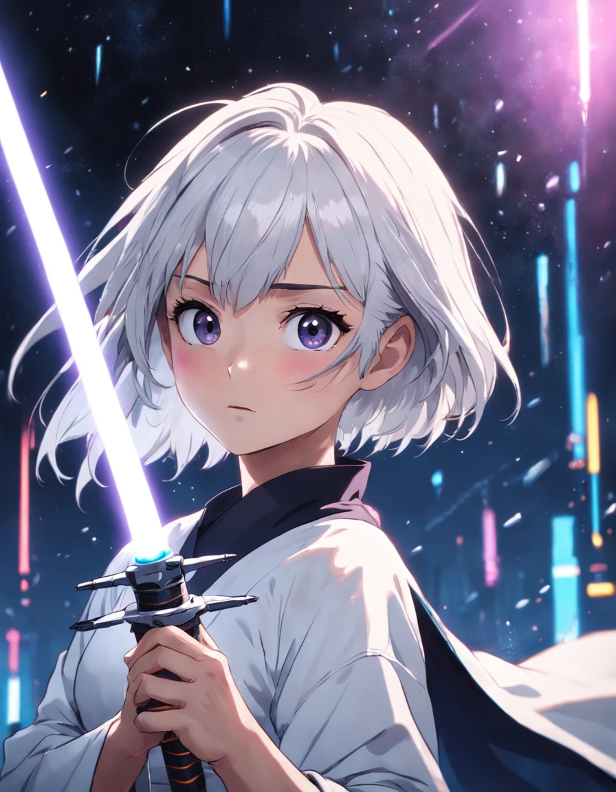 A photo, portrait of a beautiful girl, as a jedi, ((holding a lightsaber)), very short hair, white hair
