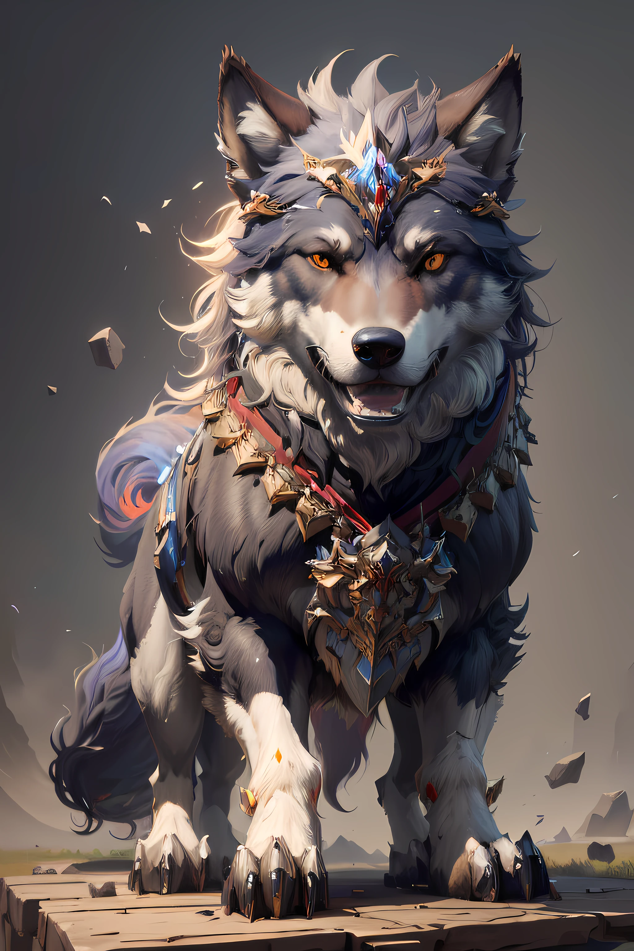 There is a wolf with a big head and a big tail, Wojtek FUS, arte detalhada onmyoji, retrato do lobo da fantasia, wlop intrincado, arte de fantasia digital 2d detalhada, bom gigante mecha wolf hound, Arte digital altamente detalhada em 4k, por Yang J, 8k arte detalhada de alta qualidade, arte de fantasia peluda, Fenrir