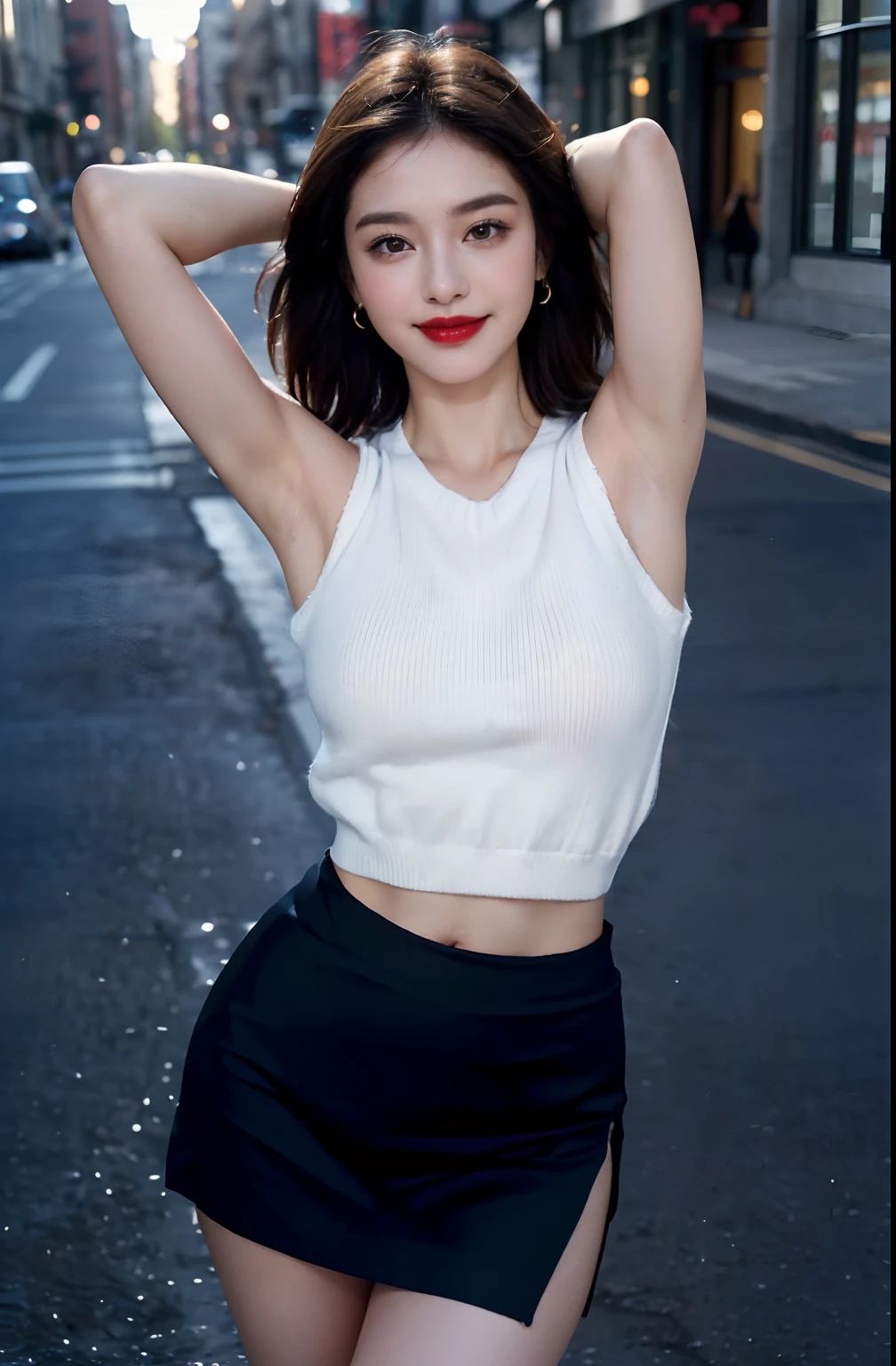 ((Show underarms、Skirt ripped to the waist、All legs are visible、Insert the slit all the way over the skirt..、Ultra-realistic armpits、、Armpit、Detailed armpit wrinkles、Detailed armpit pores、Realistic armpit skin、Black armpit skin、Black armpits、Armpit poses、Super mini skirt with slit up to the top of the skirt、The length of the skirt is 18 cm、gazing at viewer、smil、micromini skirt、Very short skirt、No panties、With no pan、Super mini skirt with slit、In a super mini skirt with a slit at the top of the skirt、witheout panties、Super mini skirt with slit at the top of the skirt、Standing on the street、In the street、in a street)), (illustratio), (hight resolution), (8K), (ighly detailed), (The best illustrations), (armpit pose、beatiful detailed eyes), (top-quality), (ultra-detailliert), (​masterpiece), (wall-paper), (详细的脸), (A smile、((40 years,red lipsticks,femele,Show realistic armpits))、Brown hair,short-hair,((Show underarms、Navy blue sleeveless short sweater and very short skirt with slit at the top of the skirt、No panties、No Panties Women)), japanes,