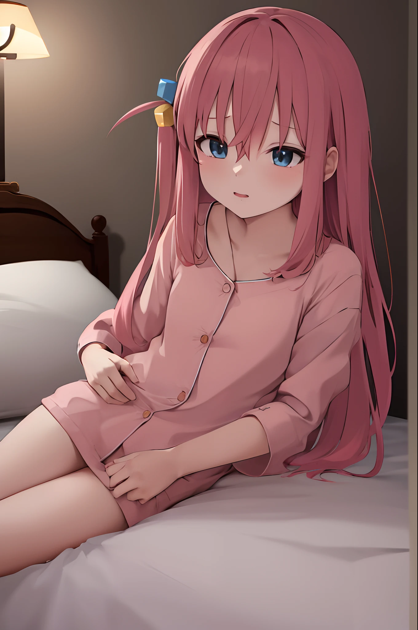 masterpiece, best quality, highres, gotou1, gotou hitori, solo, bangs, hair between eyes, pajama, bedroom, sleeping, night, lamp turnoff
