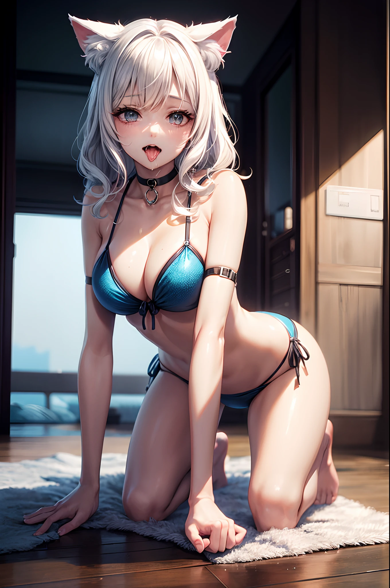realisitic、top-quality、 1 人、Saliva,White hair, Medium Hair, Wavy Hair,Cat's ears、Choker、orgasm,Iridescent bikini、Big breasts、all-fours、profetional lighting