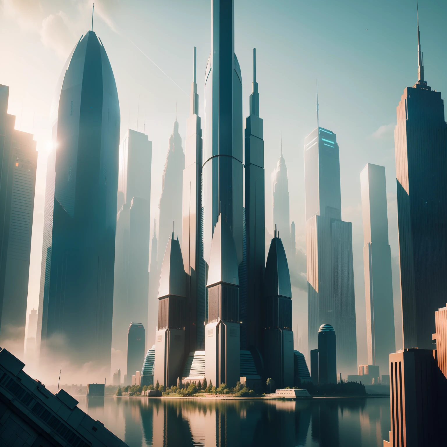 Skyscrapers cyberpunked epcot top-quality masterpiece 超A high resolution Skyscrapers towering above the ground Sci-Fi Art Huge castle